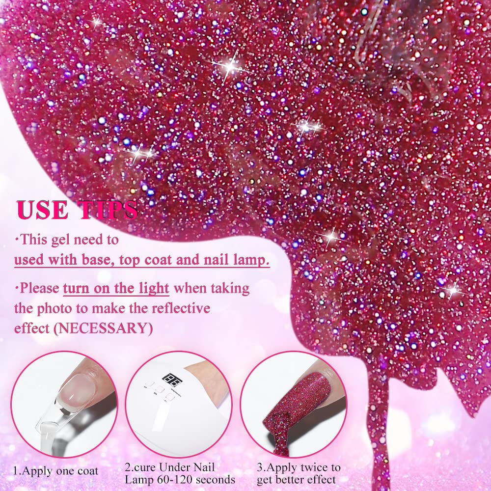 MIZHSE Reflective Rose Red Sparkling Glitter Gel Nail Polish - UV/LED Soak Off Diamond Shine Nail Art Gel (10ml) for Salon & Home Manicures