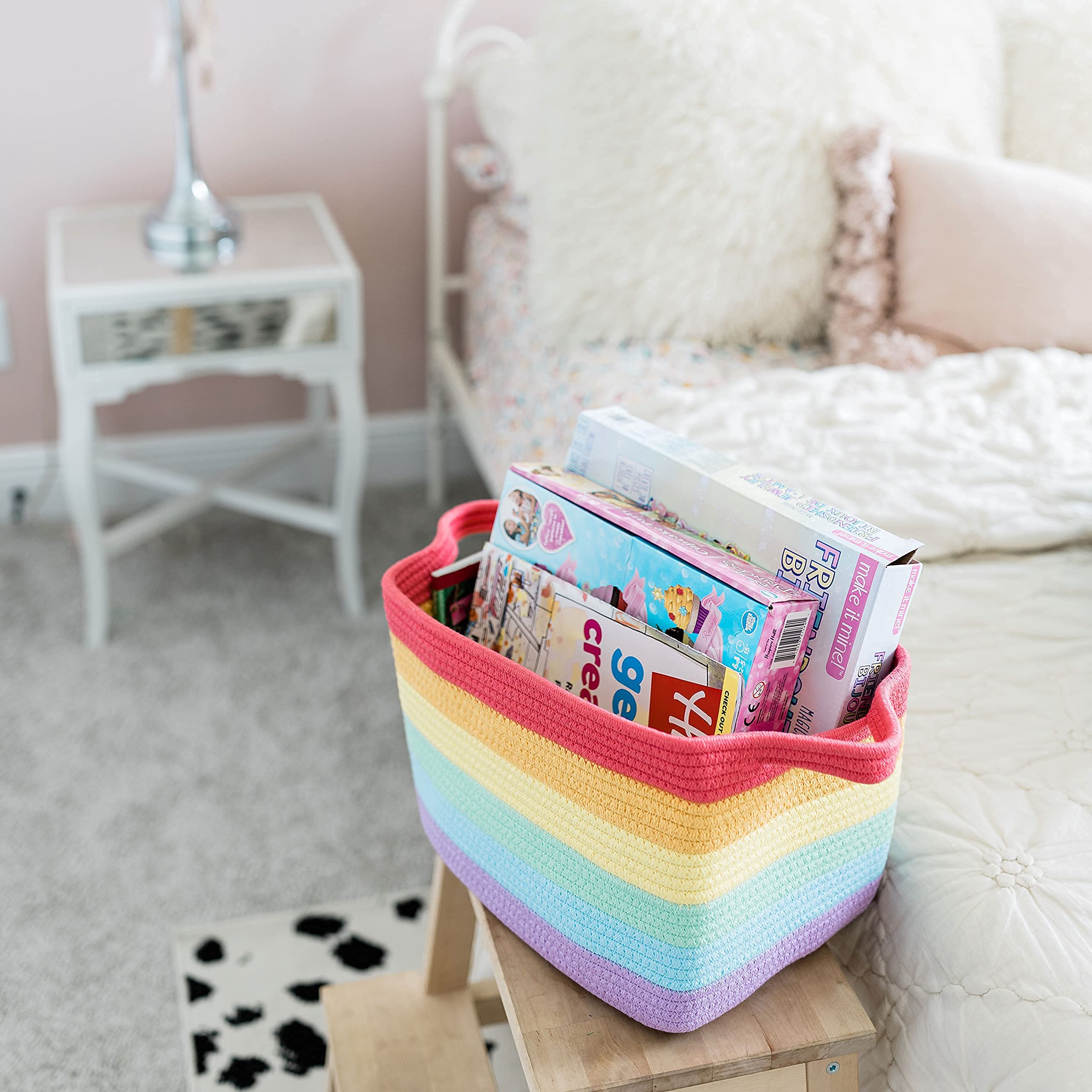 OrganiHaus Cotton Rope Storage Basket for Kids Room - 14x9 Inch Woven Toy Organizer, Decorative Baby Bin, Magazine Holder - Perfect for Nursery Shelves, Playroom Organization & Rainbow-Themed Decor