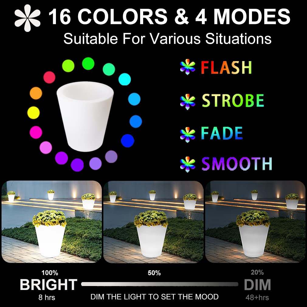 16-inch Round LED Flower Pot Outdoor - Large Rechargeable Dimmable RGB Planter Light with Remote Control | Waterproof Illuminated Plant Pot for Balcony, Porch, Yard & Garden Decor | Modern Home & Outdoor Lighting Solution