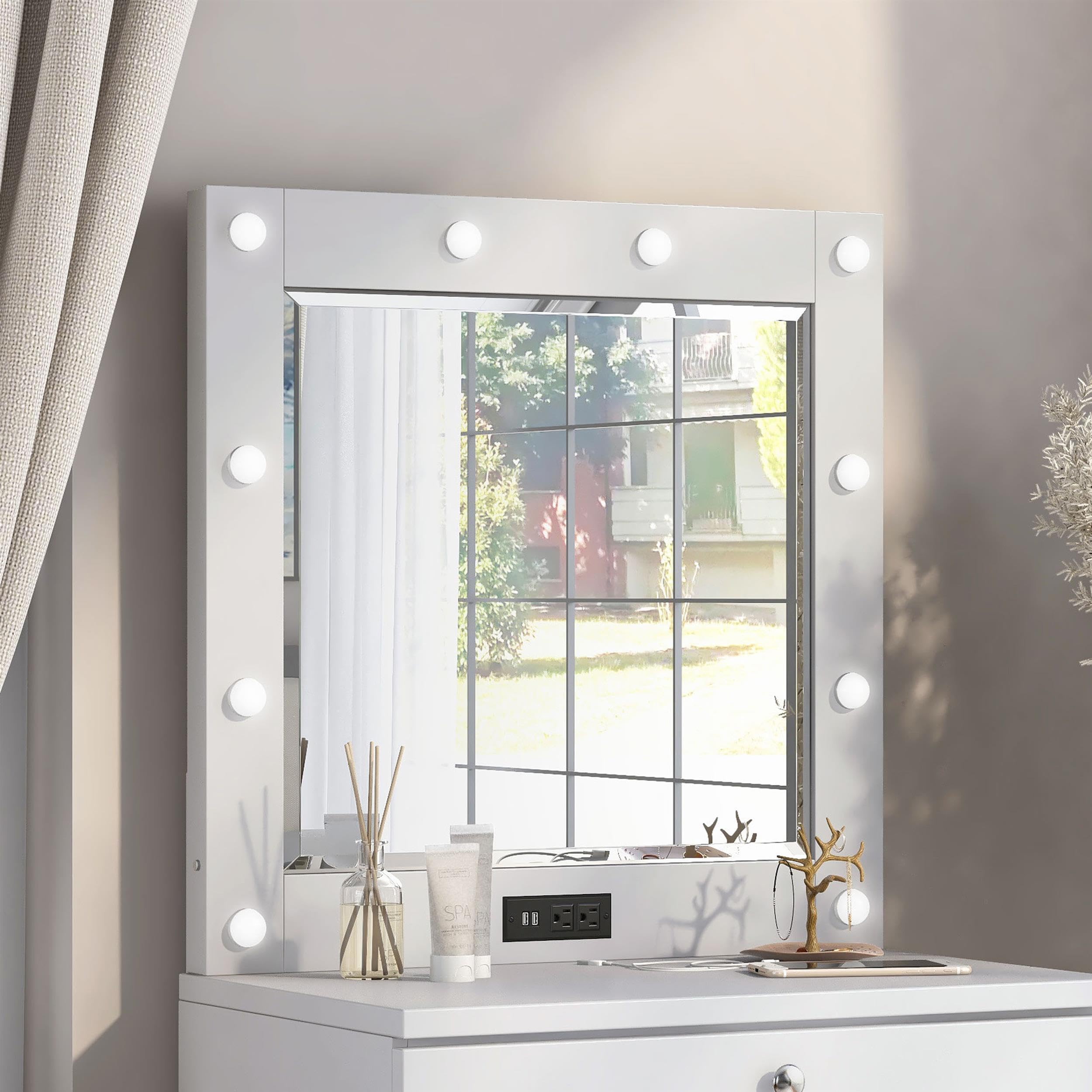 Furniture of America Lita Contemporary White Wood Vanity Mirror with LED Bulbs - Perfect for Bedroom Dressing Table & Makeup Station