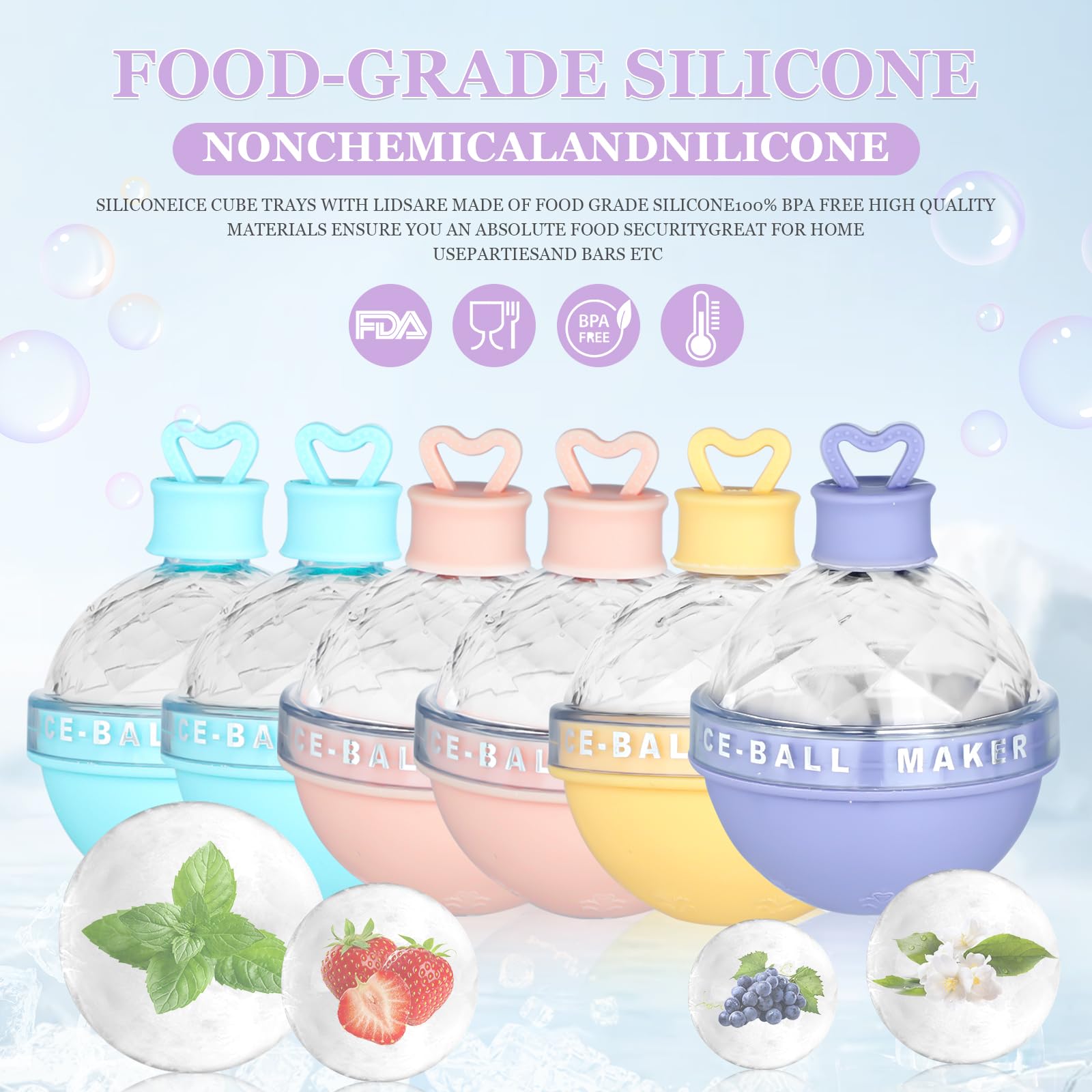JOLIGAEA 6-Piece Silicone Ice Ball Mold Set with Funnel – Large Round Ice Cube Molds for Cocktails, Whiskey, Wine & Juice – Perfect for Home Bars, Parties & Beverage Chilling