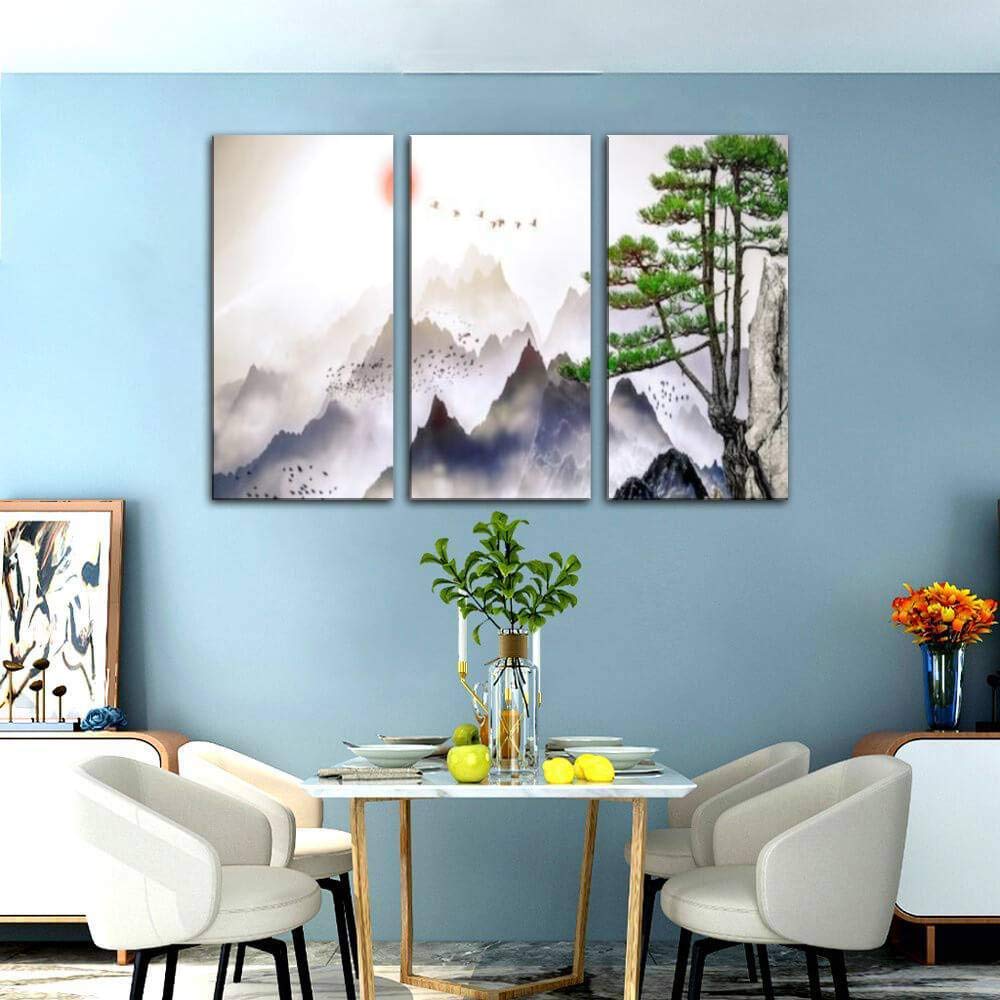 Pine Trees Distant Mountains Clouds Sunrise Landscape Canvas Wall Art - Modern 3 Panel Painting for Office Living Room Bedroom Decor - Perfect for Home & Workspace Interior Design