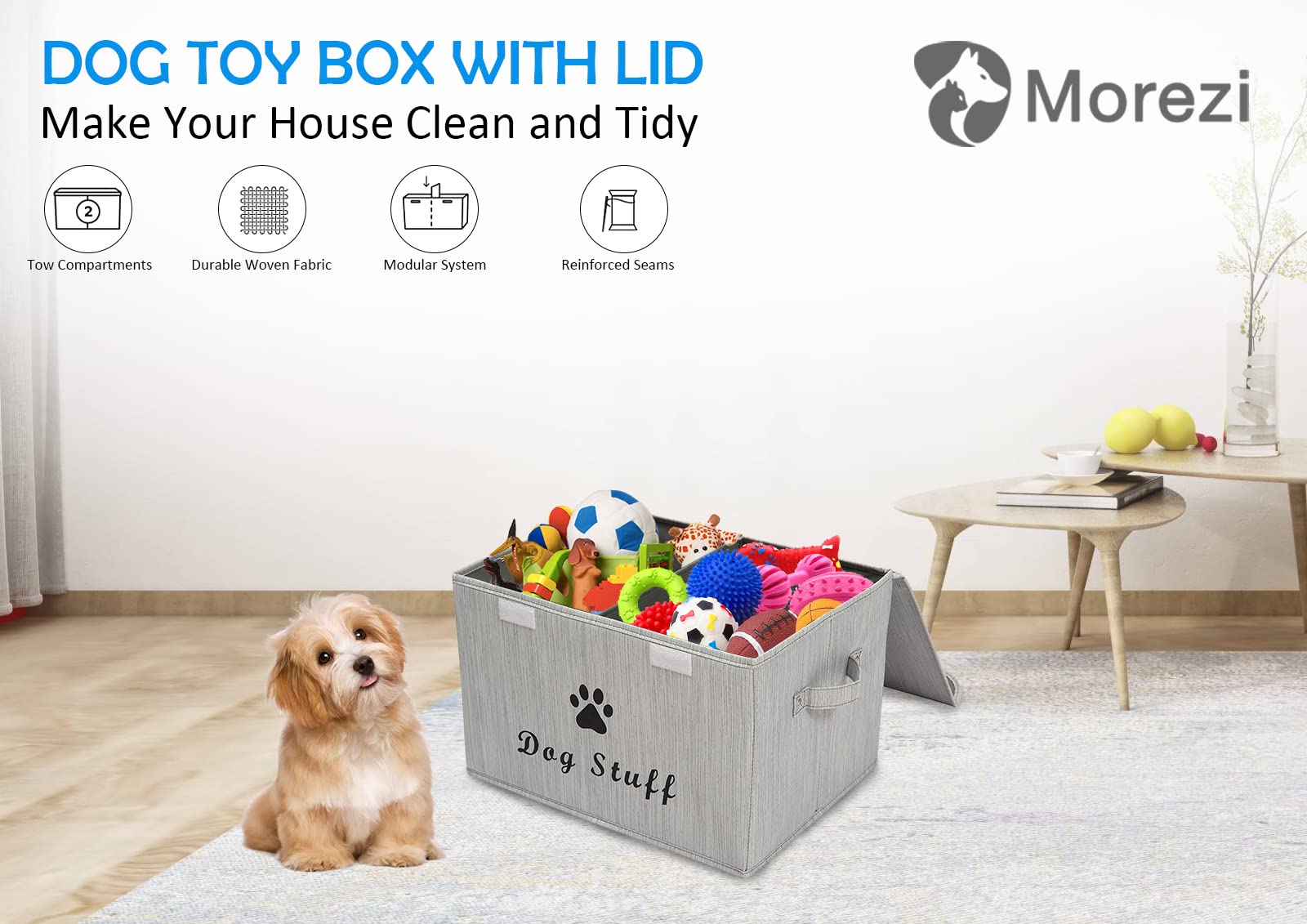 Morezi Large Dog Toy Storage Box with Lid - Collapsible Organizer Basket for Pet Toys, Living Room, Playroom & Closet - Bamboo Gray - Perfect for Home Organization & Pet Accessories Storage