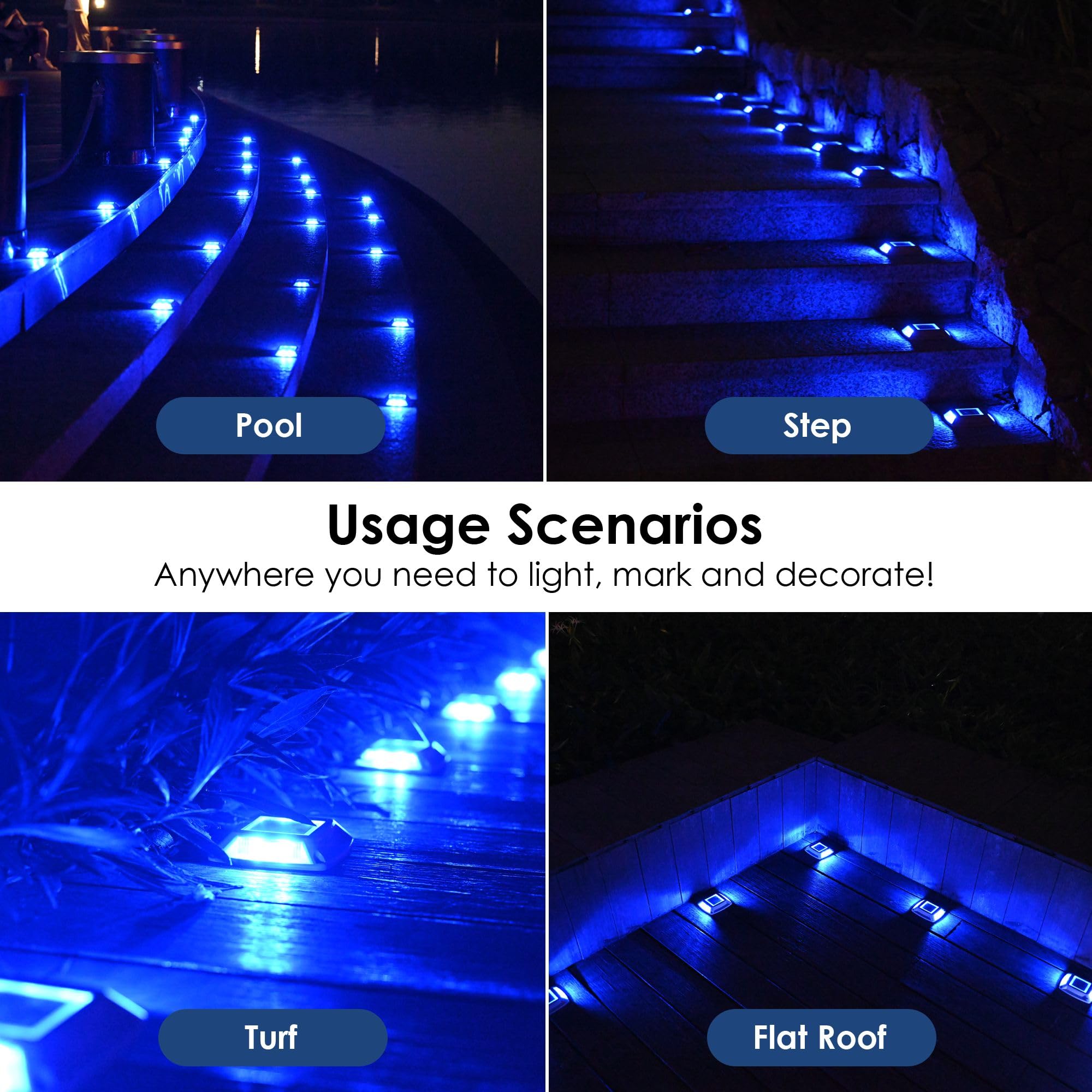 12-Pack Solar Driveway Lights - 4 LED IP68 Waterproof Marine Solar Dock Lights | Solar Powered Safety Markers for Pathway, Sidewalk, Garden, Stair & Deck | Auto Dusk to Dawn (Blue) | Perfect for Outdoor Lighting, Landscape Decoration & Nighttime Safety