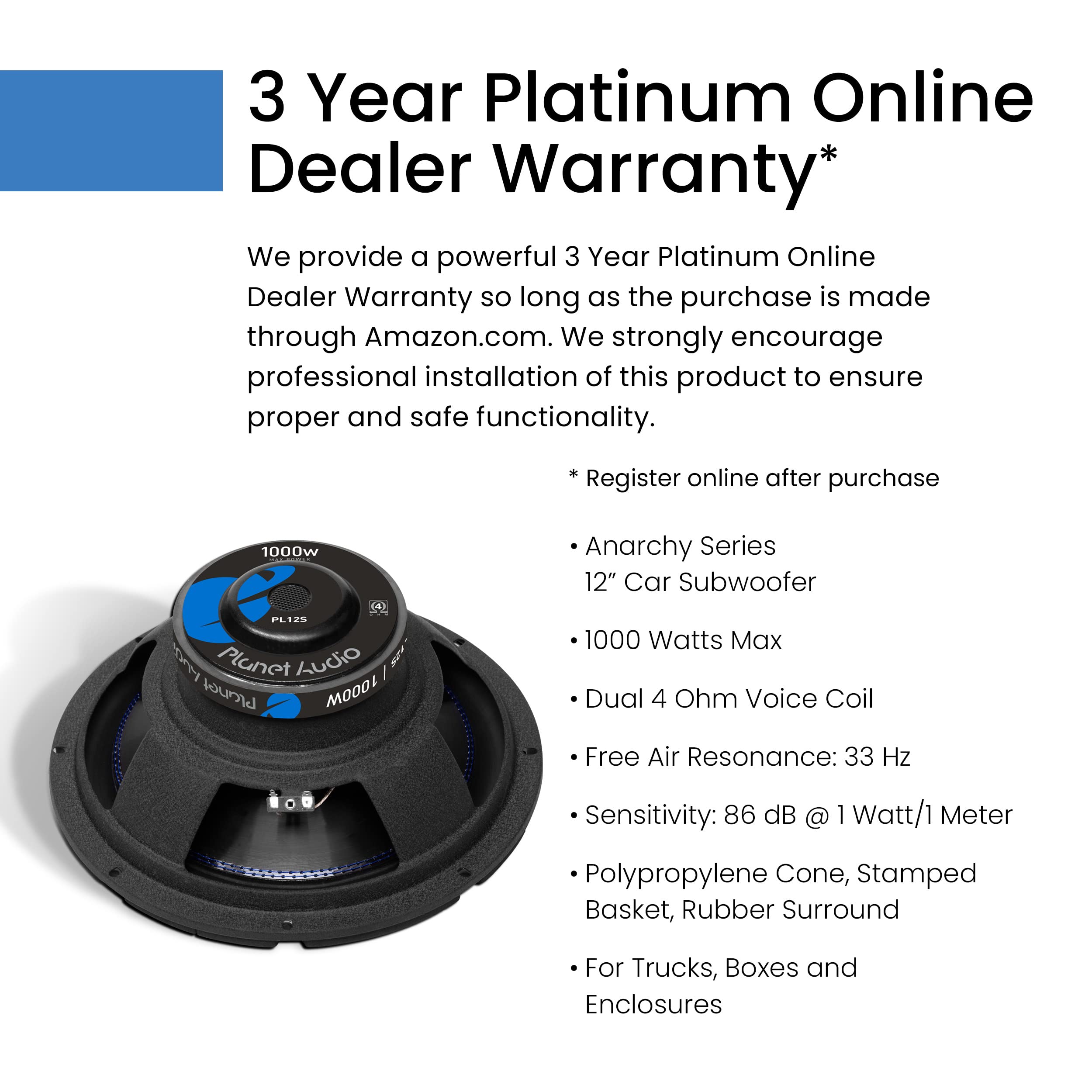 Planet Audio PL12S 12 Inch Car Subwoofer - 1000W Max Power, Single 4 Ohm Voice Coil, High-Performance Bass for Trucks & Vehicles | Perfect for Custom Boxes, Enclosures & Amplifier Systems | Car Audio Upgrade for Deep Bass Sound