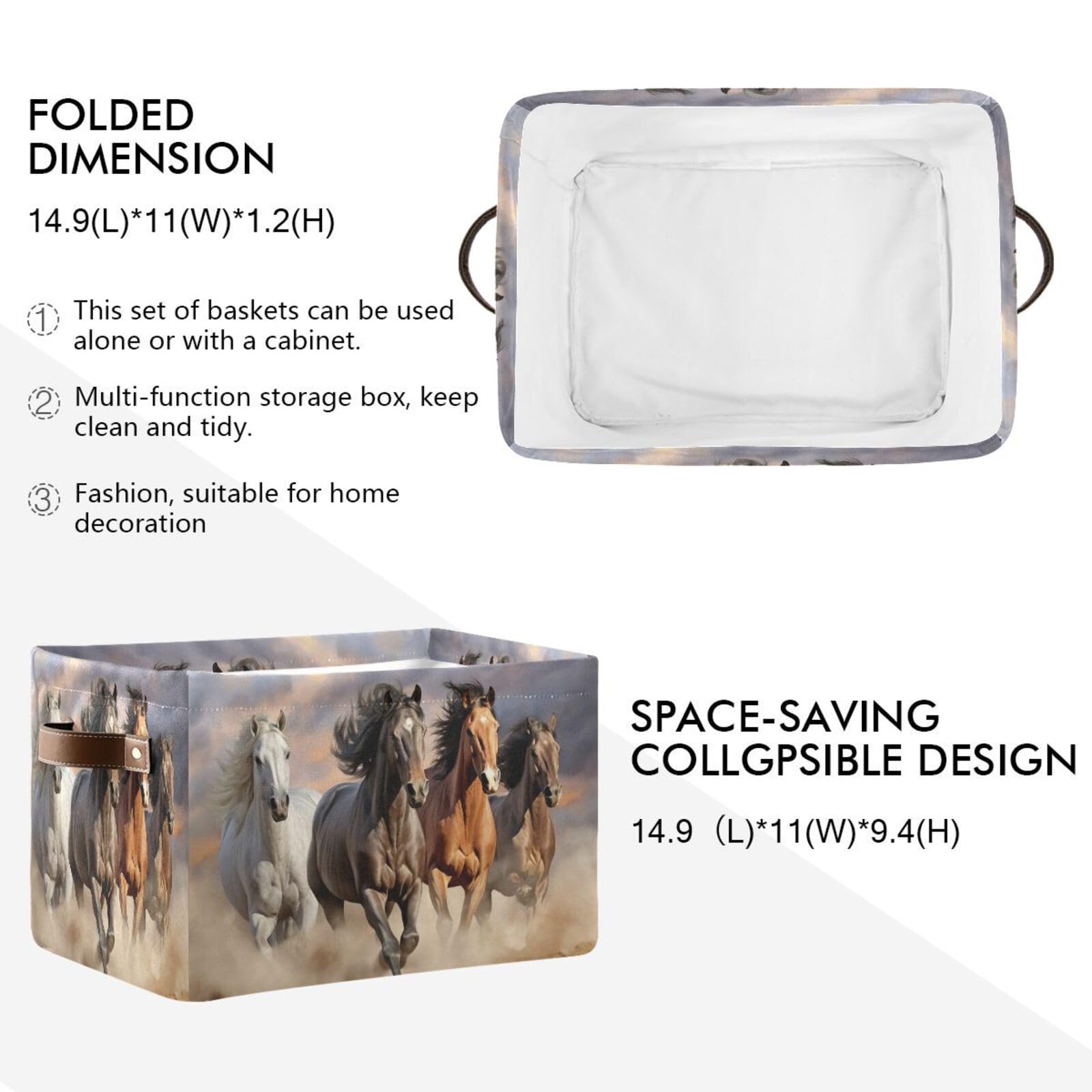 STAYTOP Large Collapsible Storage Basket - Waterproof Toy & Laundry Bin with Handle for Home, Office, Bedroom, Kids Room - Running Horse Design - Rectangle Shape (1 Pack) - Perfect for Organizing Toys, Clothes, and Gifts
