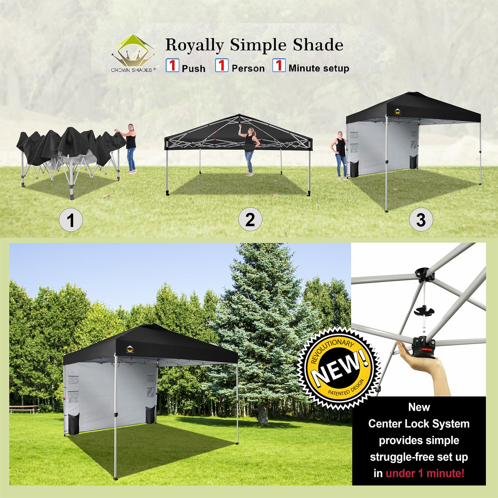 10x10 Pop Up Canopy Tent with Sidewalls & Pockets - Portable Instant Sun Shelter for Outdoor Camping, Beach, Picnics & Backyard Parties - Easy One-Person Setup with Center Lock System - Black CROWN SHADES Canopy