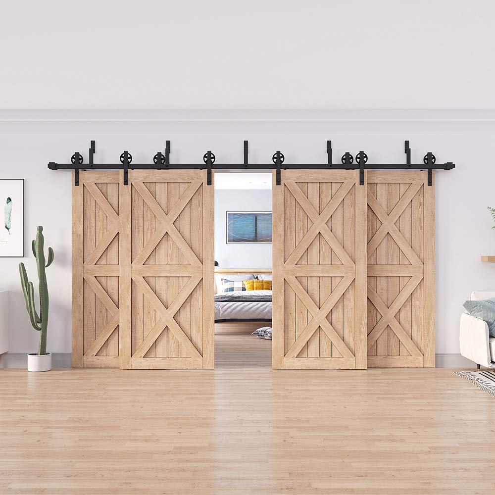 ZEKOO 9 Feet Rustic Antique Style Sliding Wood Barn Door Hardware Kit with 4 Doors & Flat Track Connector - Perfect for Farmhouse, Loft, and Industrial Interior Design