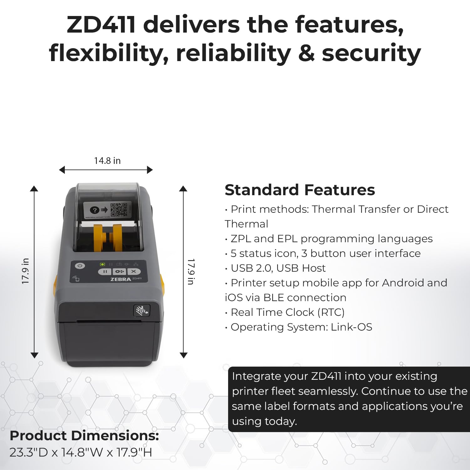 Zebra ZD411 Direct Thermal Label Printer (Replacement for ZD410) - USB Host, 2.25
