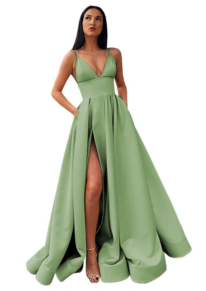 POMUYOO Women's Dusty Sage V-Neck Satin Prom Dress 2022 Long Ball Gown with Slit & Pockets Size 14 - Elegant Formal Evening Gown for Homecoming, Wedding, Party & Special Occasions