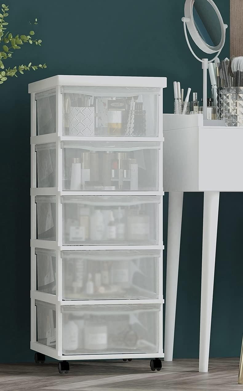 3-Tier White Transparent Plastic Storage Bins with Wheels - Mobile Office Storage Cabinet, Drawer Organizer for Home, Office & Classroom Use