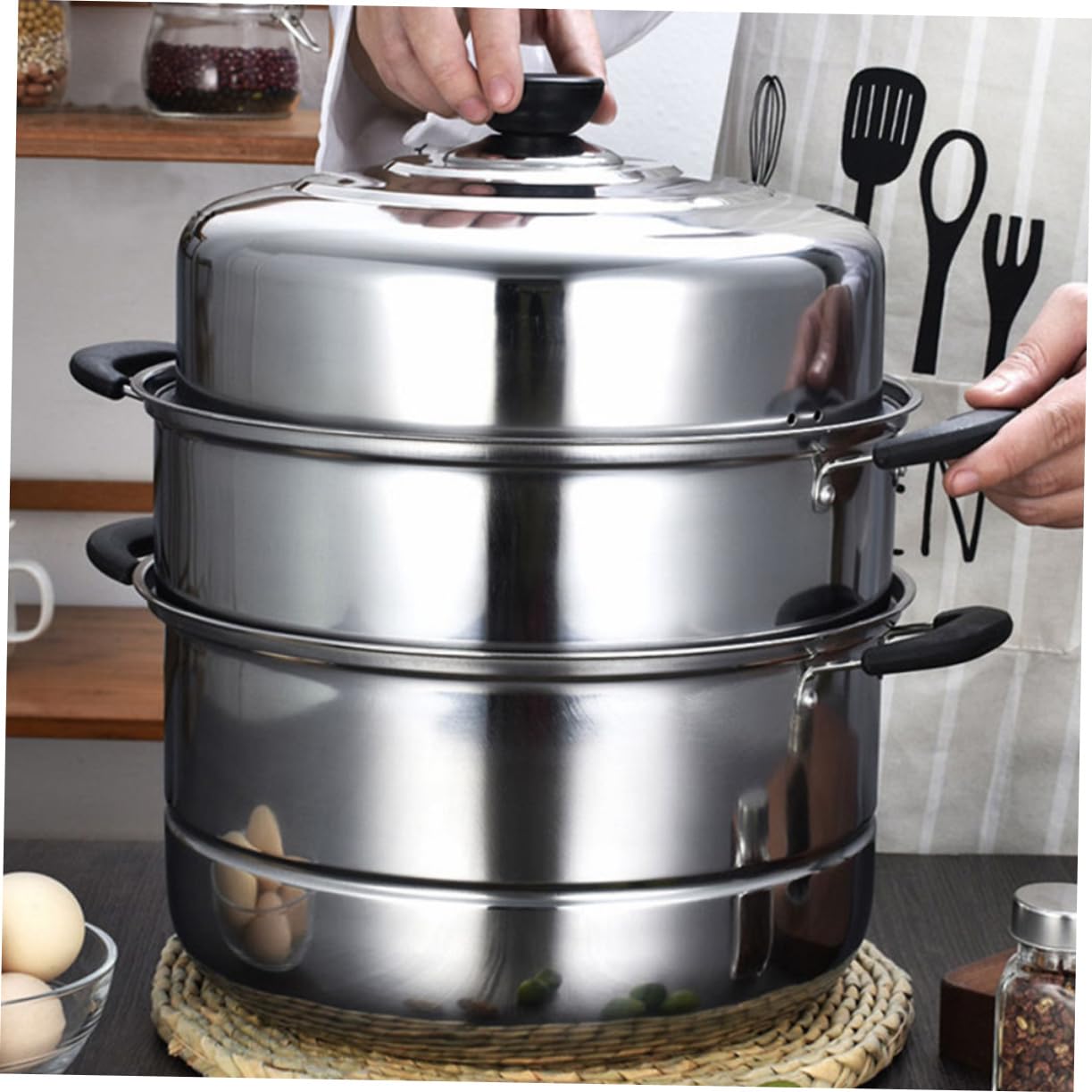 Cabilock 3-Tier Stainless Steel Steamer Pot - Durable Kitchen Cookware for Steaming Vegetables, Dumplings & Seafood - Perfect for Home Cooking & Meal Prep