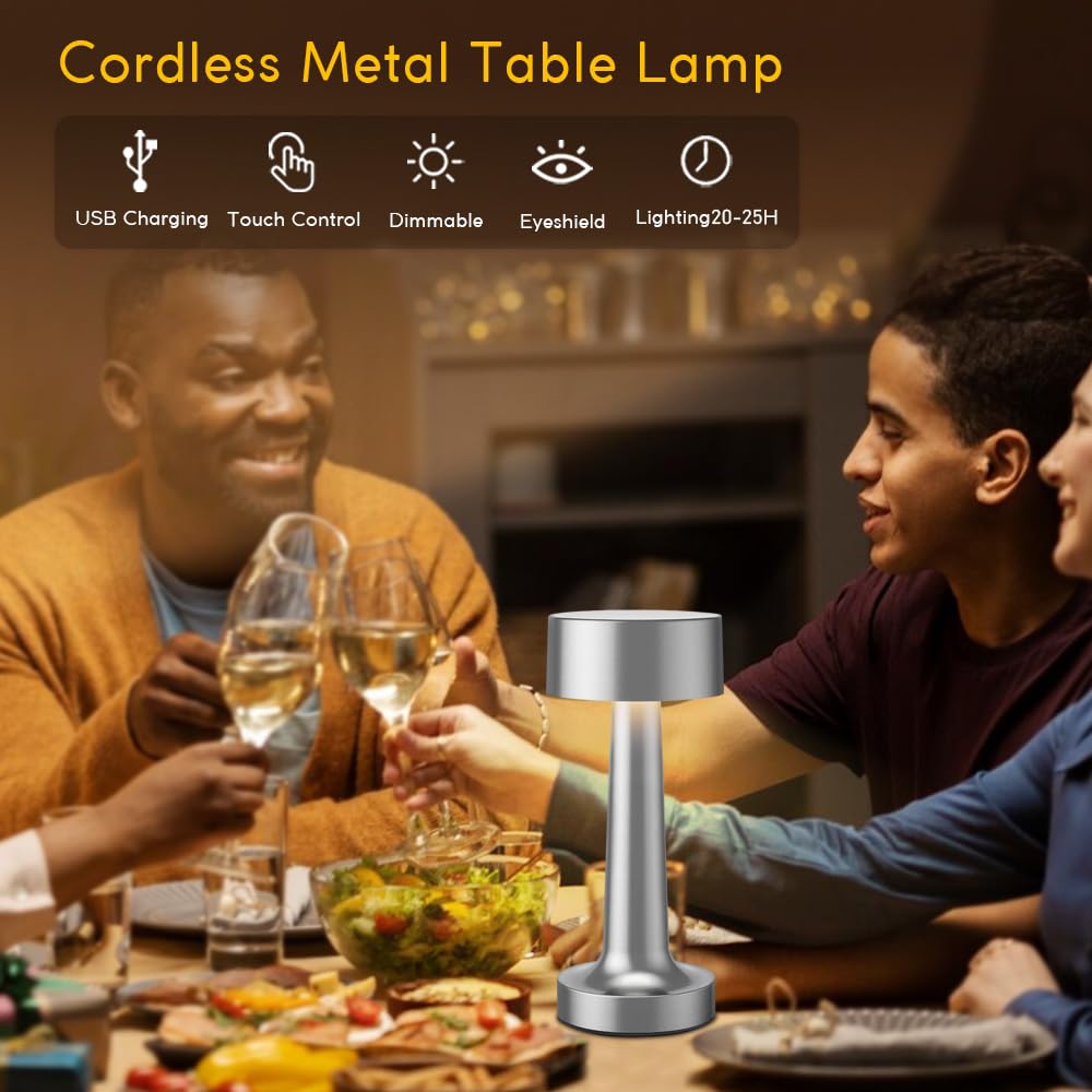 Portable LED Table Lamp with 3-Level Brightness & Touch Control - Rechargeable Metal Desk Lamp in Silver | Perfect for Bedside, Nightstand, Living Room & Office Lighting