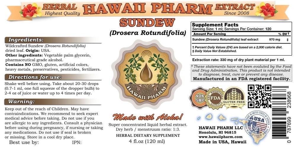 HawaiiPharm Sundew Liquid Extract - Organic Drosera Rotundifolia Leaf Powder Tincture - 100% Natural Herbal Supplement for Respiratory Support - Made in USA - 32 fl.oz - Ideal for Cough Relief & Immune System Boost
