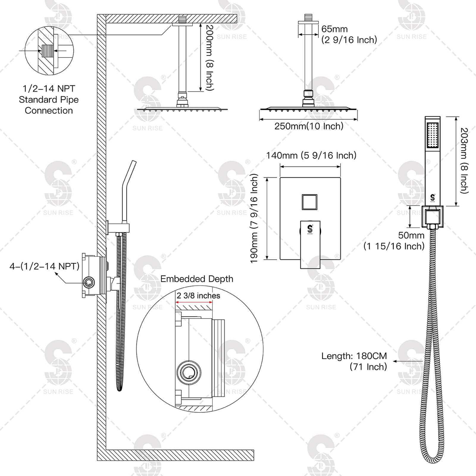 SR SUN RISE 10 Inch Brass Ceiling Mounted Rainfall Shower System - Brushed Nickel Luxury Bathroom Shower Combo Set with Rain Mixer - Perfect for Spa-Like Experience in Master Bathrooms and Luxury Hotels