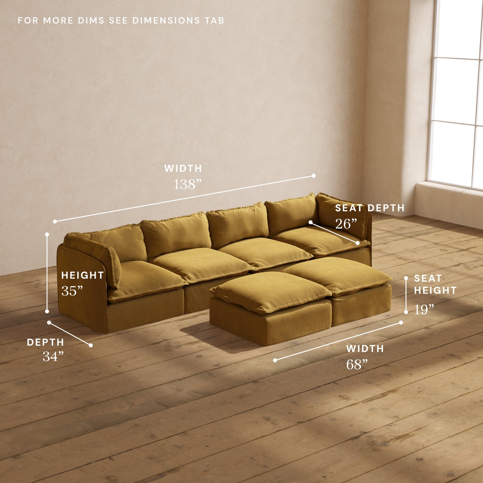Modular Performance 4-Seater Sofa with Bench Ottoman in Toffee Brown | Modern Sectional Couch for Living Room, Family Room & Lounge Areas | Comfortable Blend Fabric for Relaxation