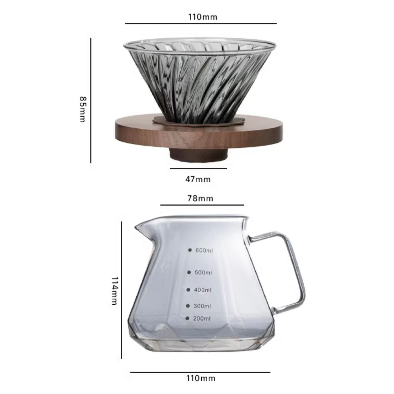 Premium V60 Coffee Dripper Set with Walnut Wood Stand & Glass Carafe - Perfect for Pour Over Brewing at Home, Office or Gifts for Coffee Lovers