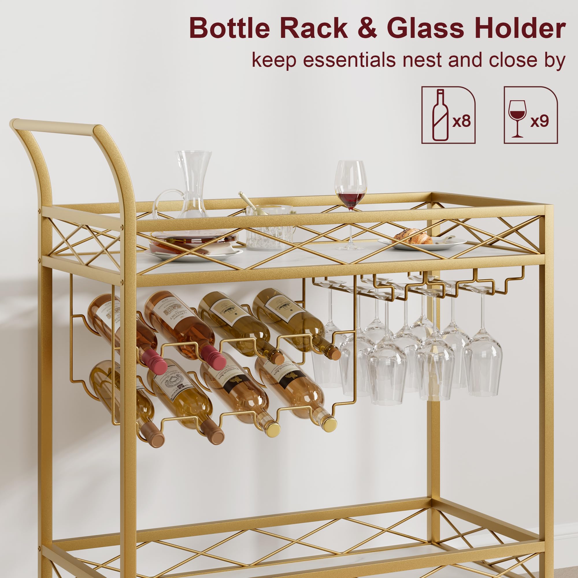 IDEALHOUSE 2-Tier Gold Bar Cart with Wheels - White Marble Finish Wood Shelf, Wine Rack & Glass Holder - Mobile Serving Cart for Kitchen, Living Room, Dining Room, Party & Home Entertainment