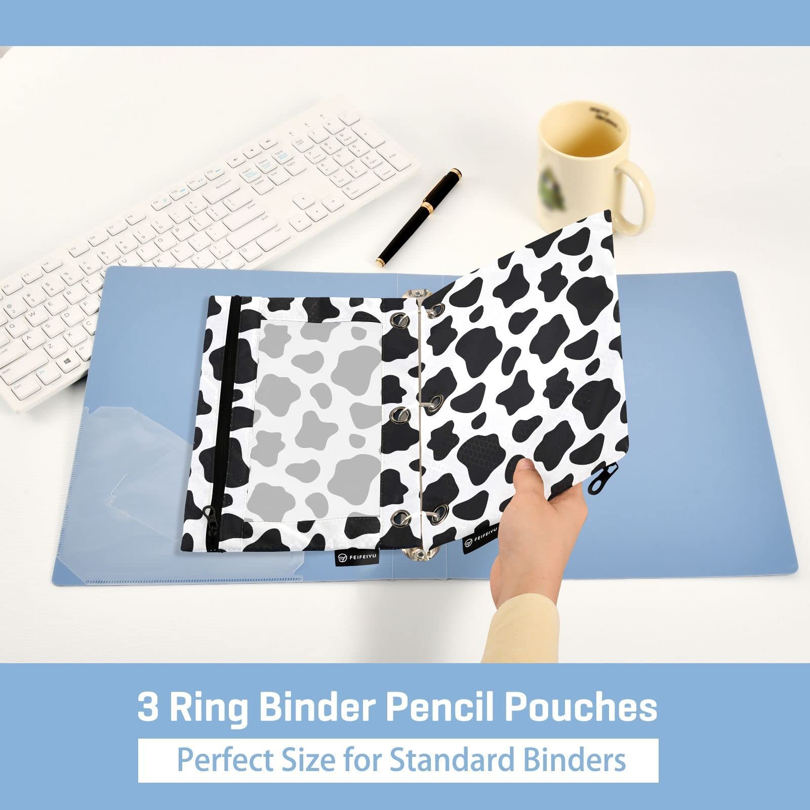 ALAZA Black and White Cow Print 3-Ring Binder Pencil Pouch with Clear Window - 2 Pack Zippered Pencil Case for School, Office & College Supplies - Perfect for Organizing Pens, Makeup & Stationery