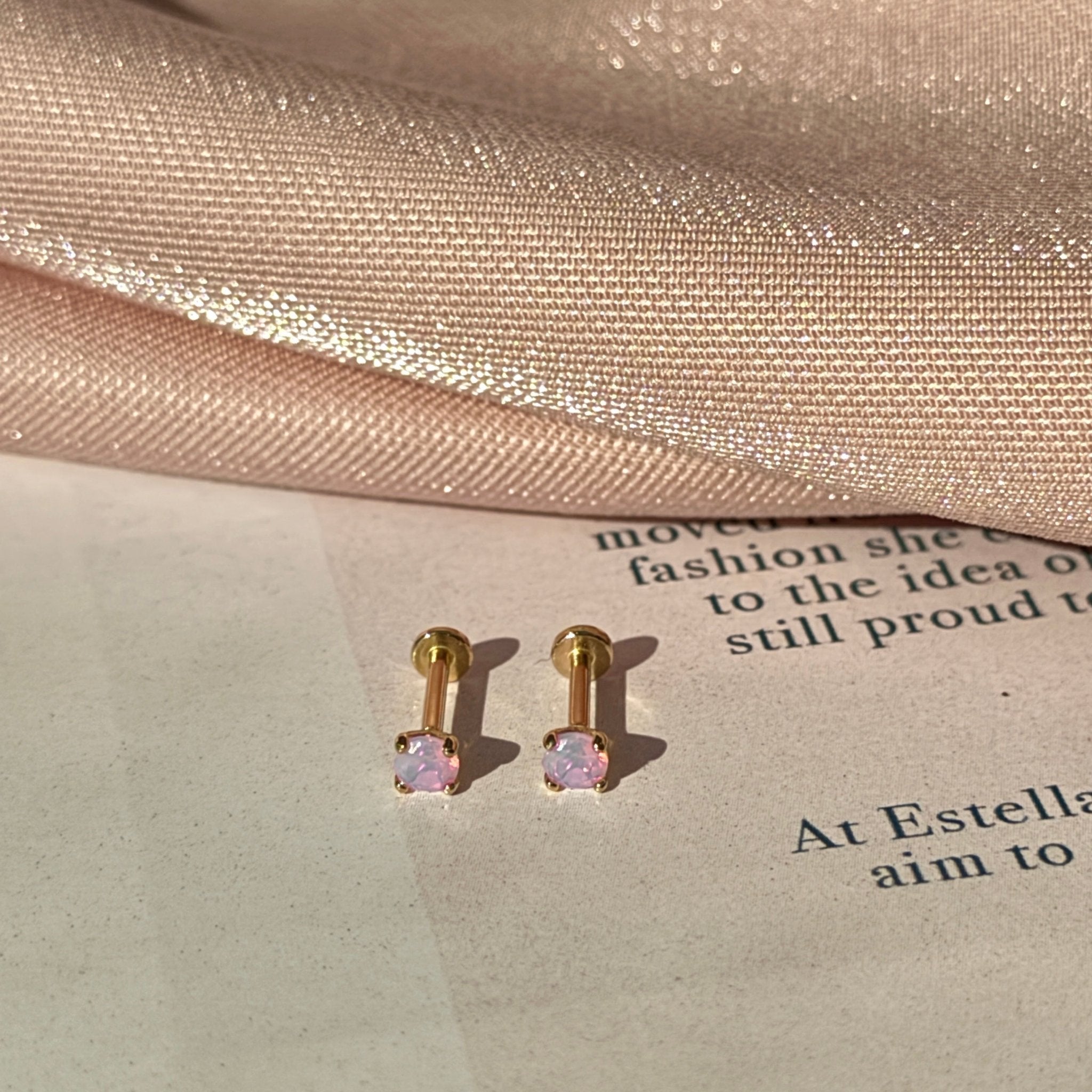 14k Yellow Gold Pink Opal Cartilage Flat Back Stud Earrings - Dainty & Hypoallergenic Jewelry for Women, Perfect for Everyday Wear & Special Occasions