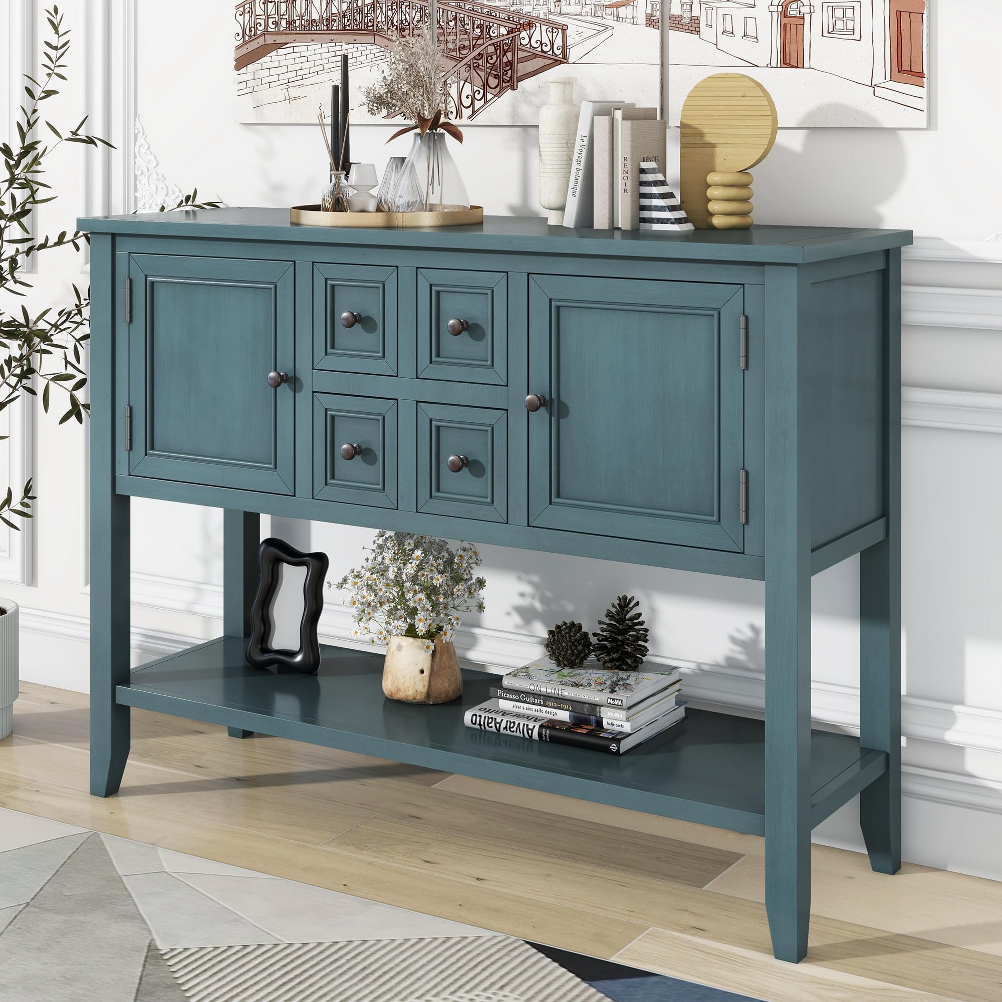 Retro Style Dark Blue Wood Console Table with Bottom Shelf & Storage Drawers - Buffet Sideboard for Living Room, Kitchen, or Entryway - Perfect for Home Decor & Extra Storage Space