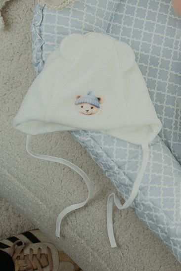 Ivory & Blue Velour Bear Hat for Women - Soft Winter Beanie with Ears - Cute Animal Hat for Cold Weather, Outdoor Activities & Cosplay