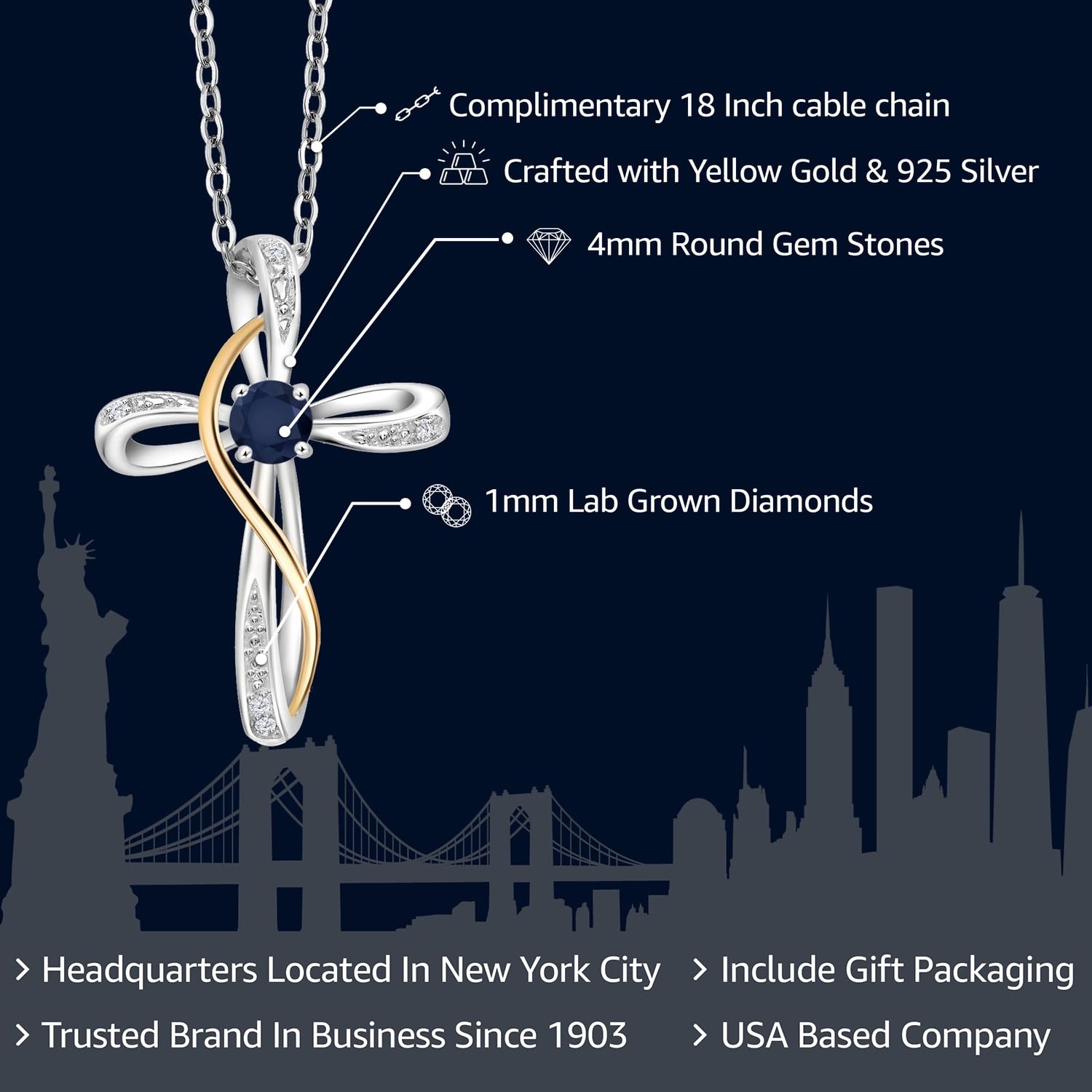 Gem Stone King Infinity Cross Pendant Necklace for Women - 925 Sterling Silver & 10K Yellow Gold with Birthstone & Lab-Grown Diamond | Faith Jewelry Gift for Mom, Wife, Daughter | Perfect for Church, Baptism, Wedding & Everyday Wear