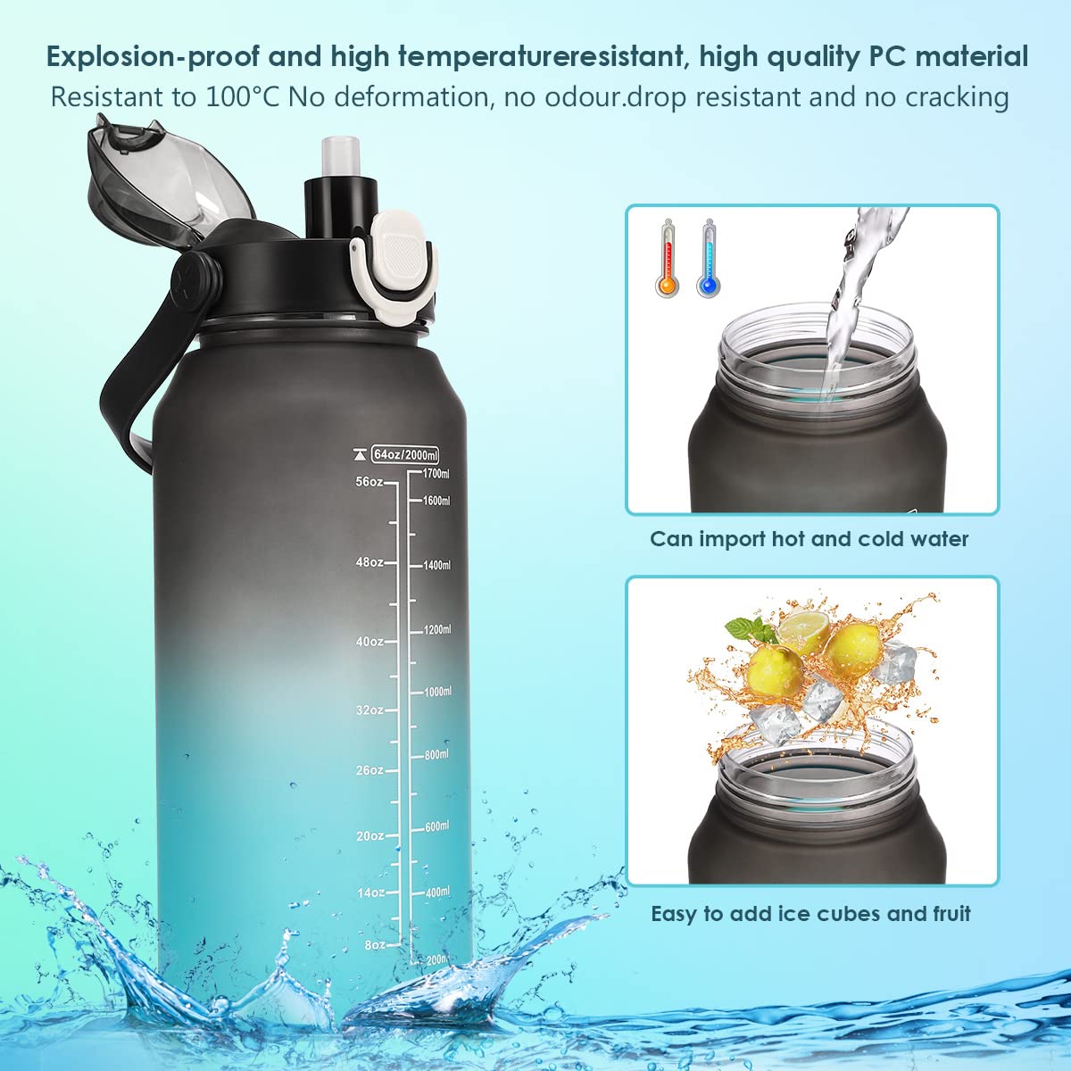 Yuirsion 2L Sports Water Bottle with Time Markings & Straw - BPA-Free, Leak-Proof Fitness Bottle for Gym, Yoga, Hiking, Camping & Outdoor Activities - Ideal for Hydration Tracking & Workout Motivation (Black/Blue)