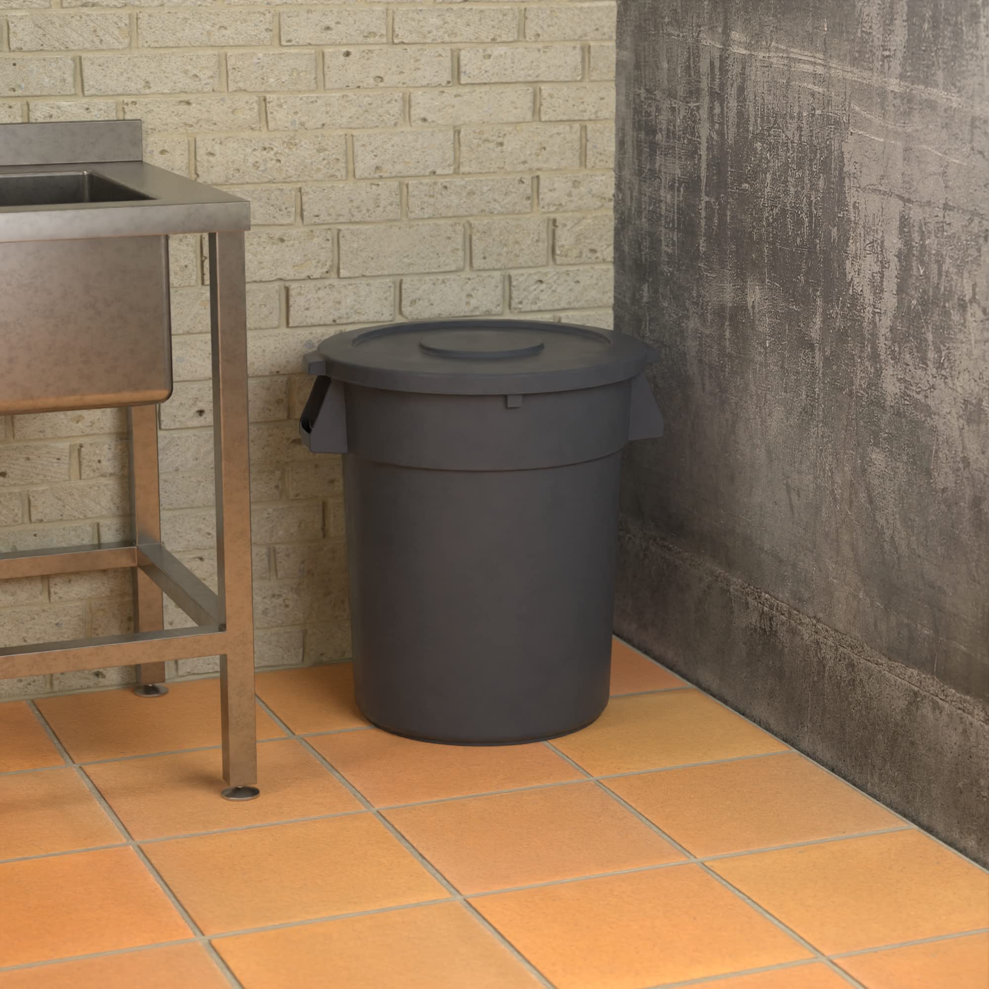 32 Gallon Gray Round Commercial Trash Can with Lid - Heavy Duty Waste Bin for Office, Restaurant, Kitchen & Outdoor Use
