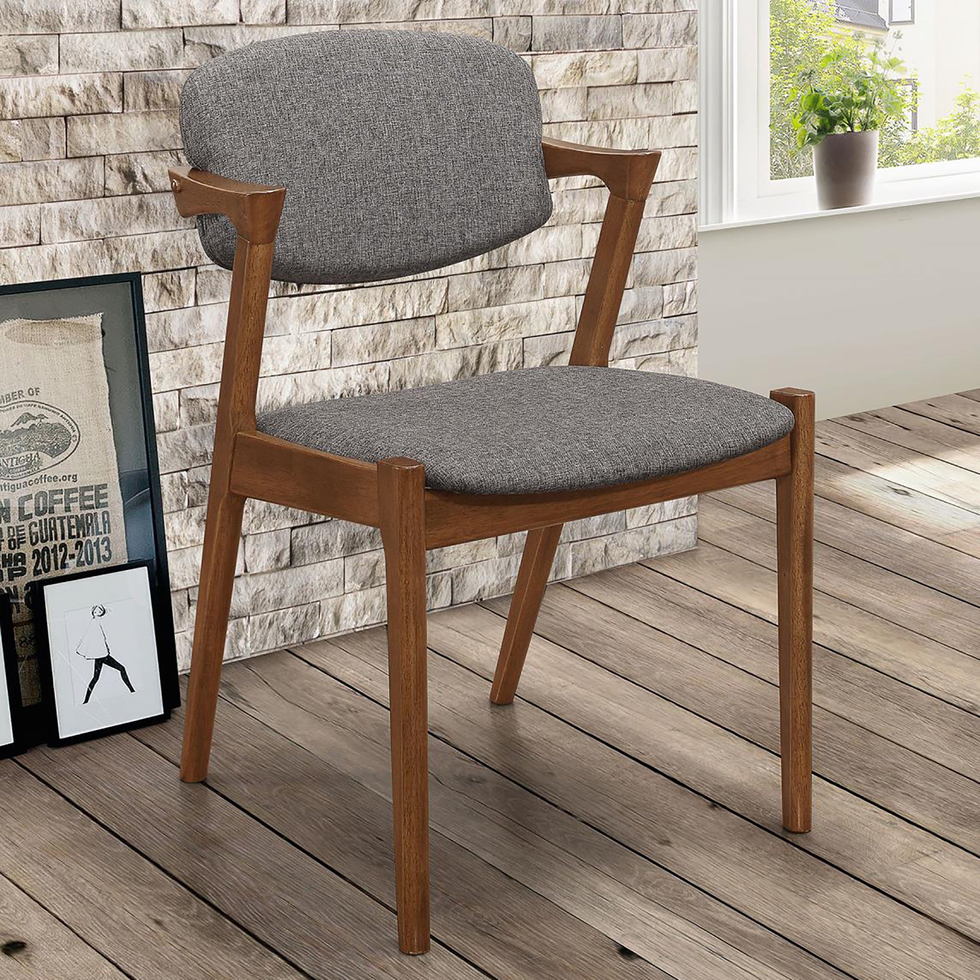 Dark Walnut & Grey Modern Dining Chairs Set of 2 - Solid Wood Accent Chairs for Kitchen, Dining Room, Breakfast Nook & Home Decor