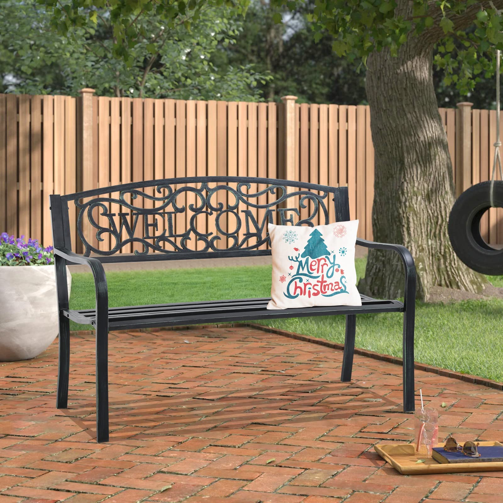 Cast Iron Outdoor Welcome Bench - Modern Green Garden Loveseat with Backrest & Armrest | Durable Patio Furniture for Front Porch, Yard & Outdoor Seating