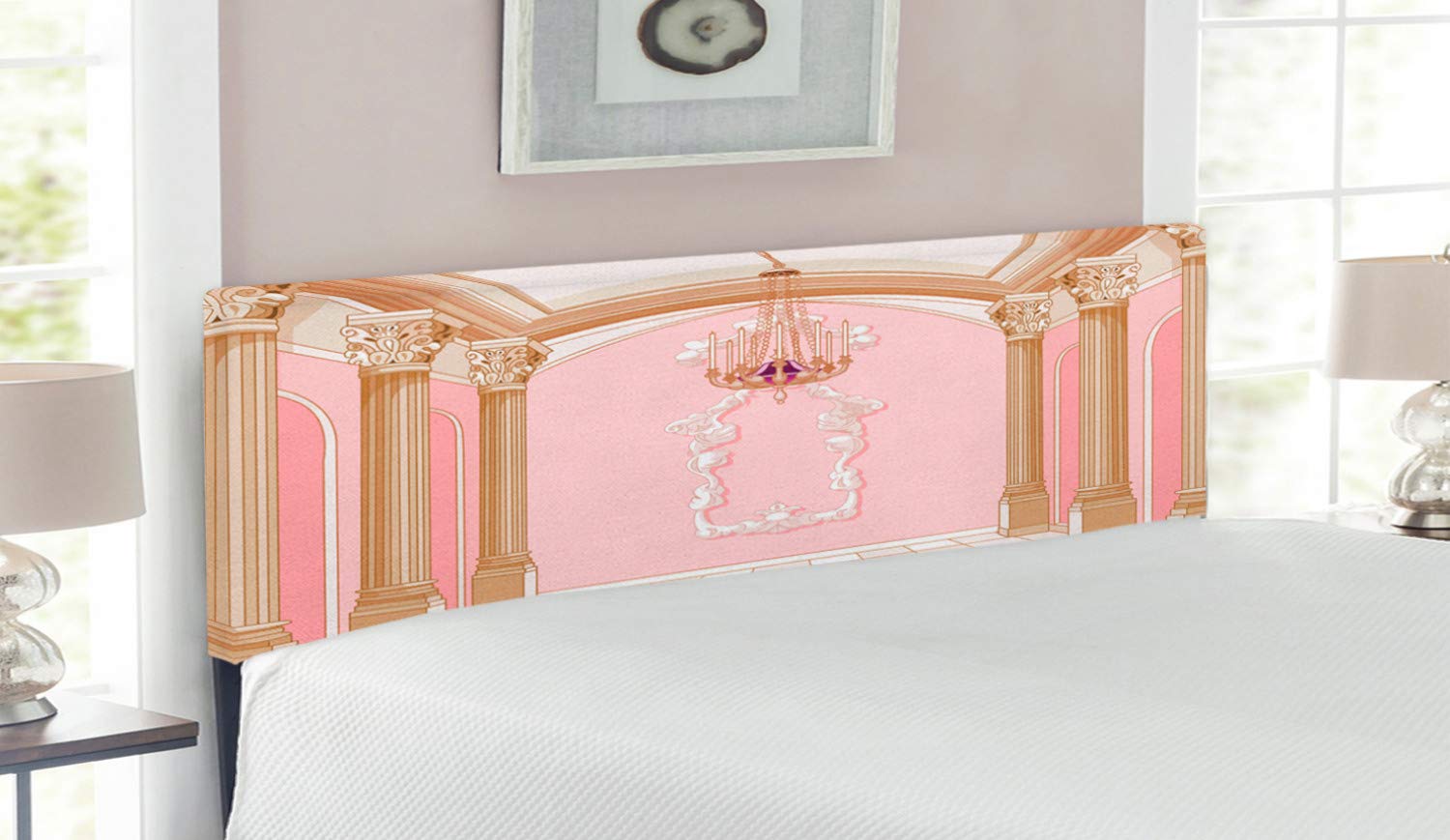 Ambesonne Cartoon Headboard - Magic Castle Ballroom Design with Chandelier & Columns Print, Upholstered Decorative Metal Bed Headboard with Memory Foam, Queen Size, Rose Peach - Perfect for Kids' Bedroom, Princess Theme Room & Fantasy Decor