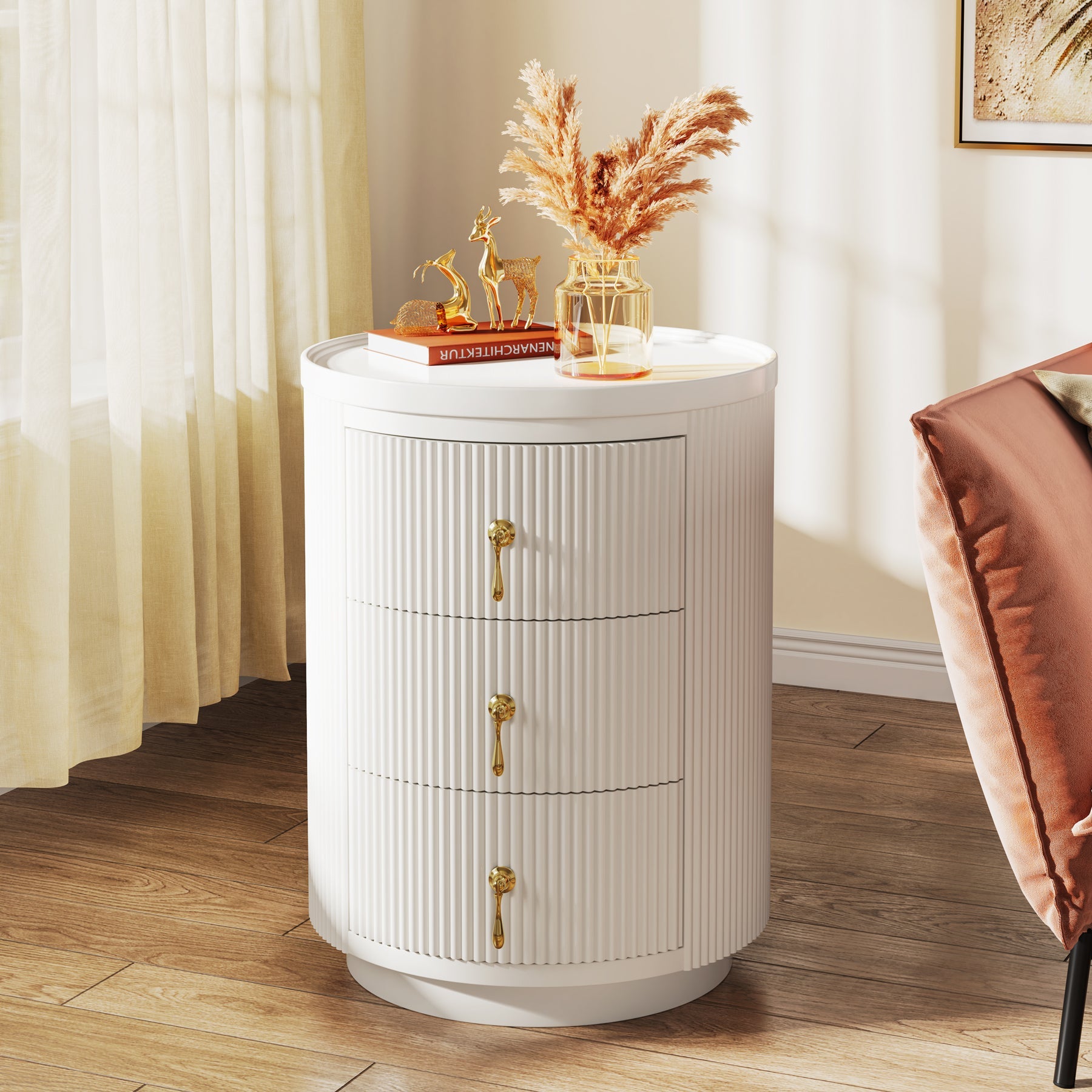 Modern 3-Drawer Nightstand with Storage - Round Side End Table for Bedroom, Living Room & Office - Compact & Stylish Furniture for Small Spaces