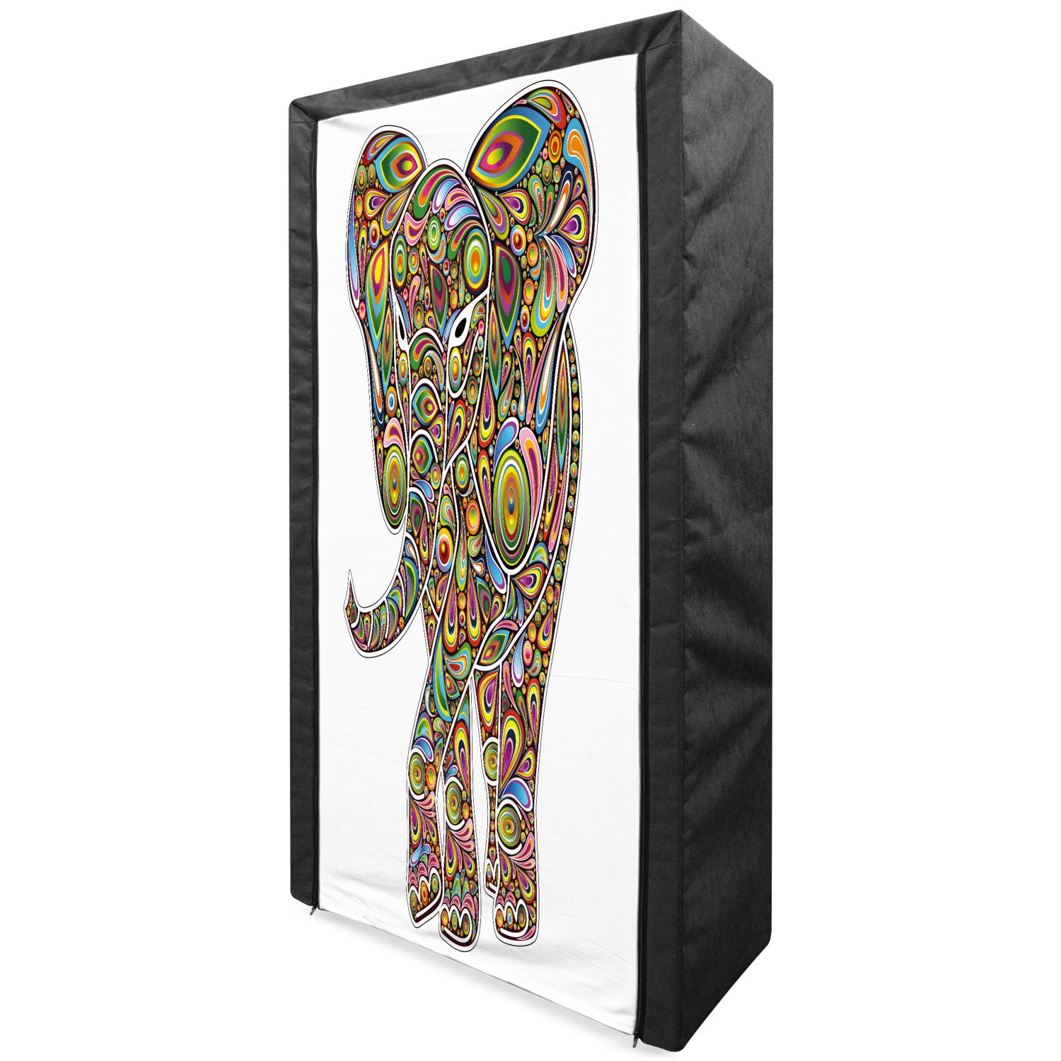 Ambesonne Psychedelic Portable Fabric Wardrobe - Large Elephant Boho Pattern Clothing Organizer with Shelves, 33.5 Inch Multicolor Storage Closet for Bedroom, Dorm or Travel Use