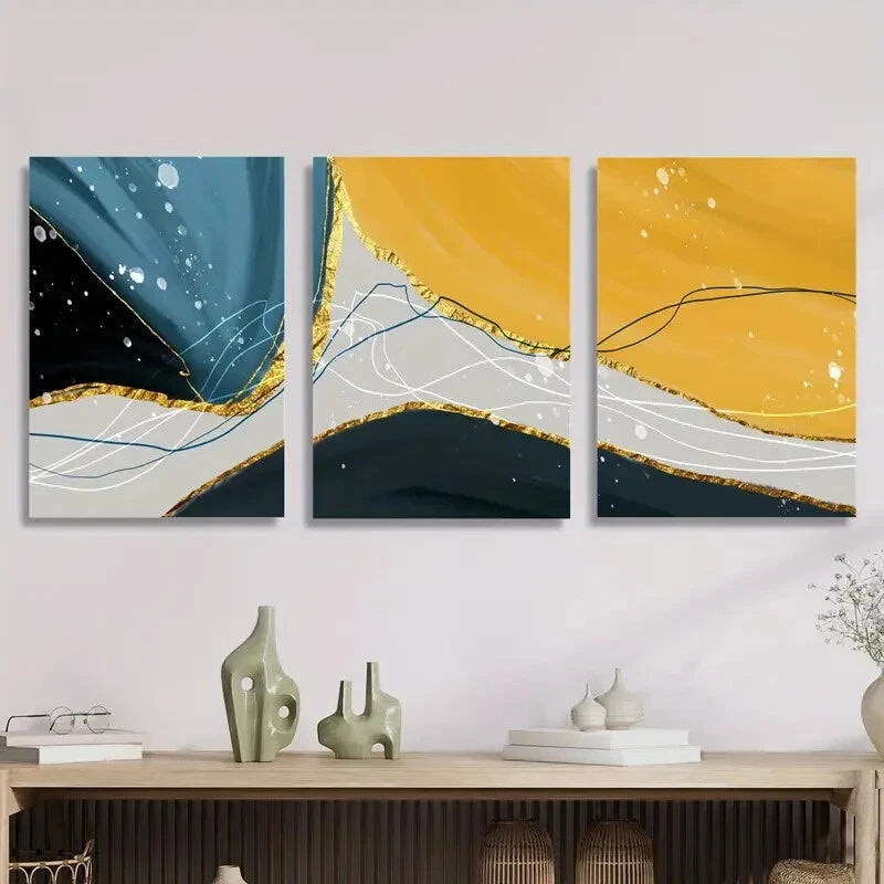 3-Piece Abstract Golden Landscape Metal Wall Art Prints - Ready to Hang Modern Home Decor for Living Room, Bedroom & Office