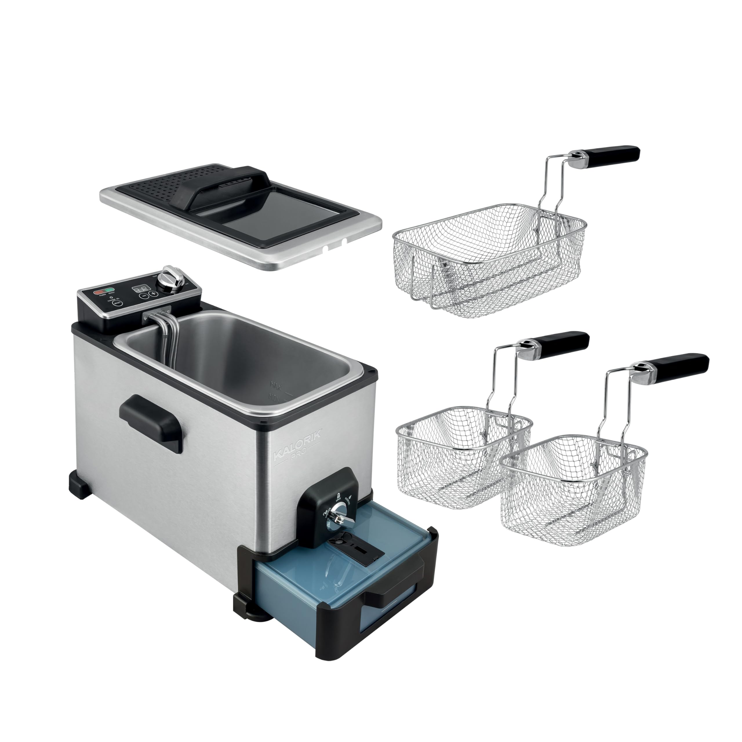 Kalorik Pro 4.2 Quart Triple-Basket Deep Fryer with Oil Filtration System - Stainless Steel Commercial Air Fryer (KPRO FT 42777 SS) for Restaurants, Home Kitchen & Party Cooking