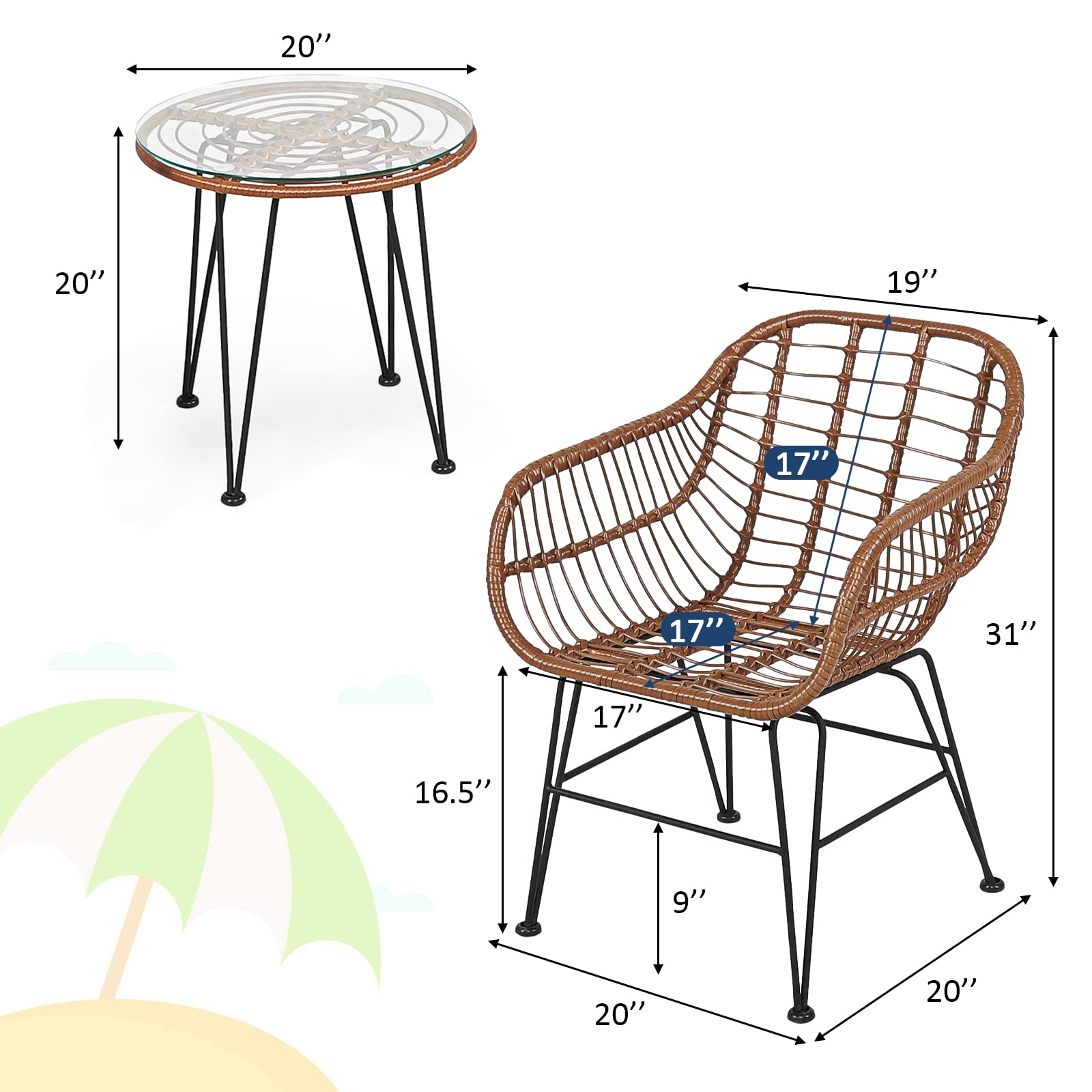Tangkula 3-Piece Patio Conversation Set - Outdoor Wicker Bistro Furniture with Round Tempered Glass Table & 2 Rattan Armchairs, Includes Cushions - Perfect for Porch, Backyard, Garden, Poolside & Outdoor Dining