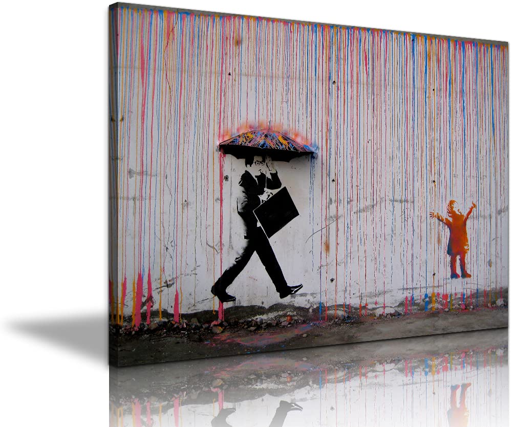 Banksy Canvas Wall Art - Colorful Rain Graffiti Pop Street Art Poster for Home Decor | Ready to Hang (28''H x 40''W) | Perfect for Living Room, Bedroom & Office Wall Decoration