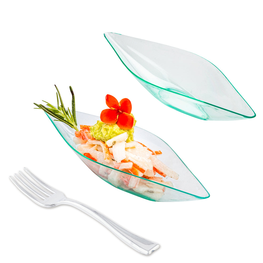 100-Pack Seagreen Plastic Canoe Dishes & 100-Pack Silver Mini Plastic Forks – Eco-Friendly Disposable Tableware for Parties, Picnics, and Outdoor Events
