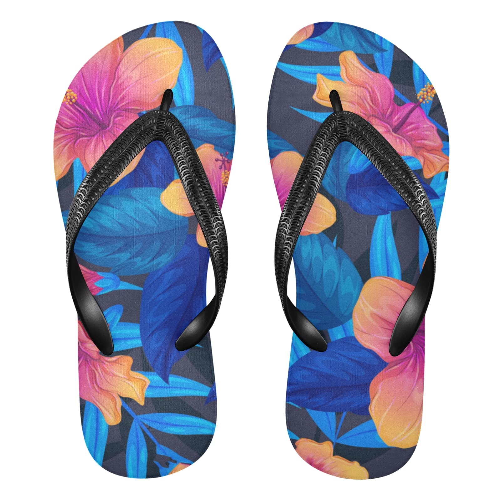 Women's & Men's Non-Slip Rubber Flip Flops - Colorful Tropical Flower Beach Sandals for Travel, Shower, Hotel & Sport | Comfortable Summer Slippers for Pool, Vacation & Outdoor Activities