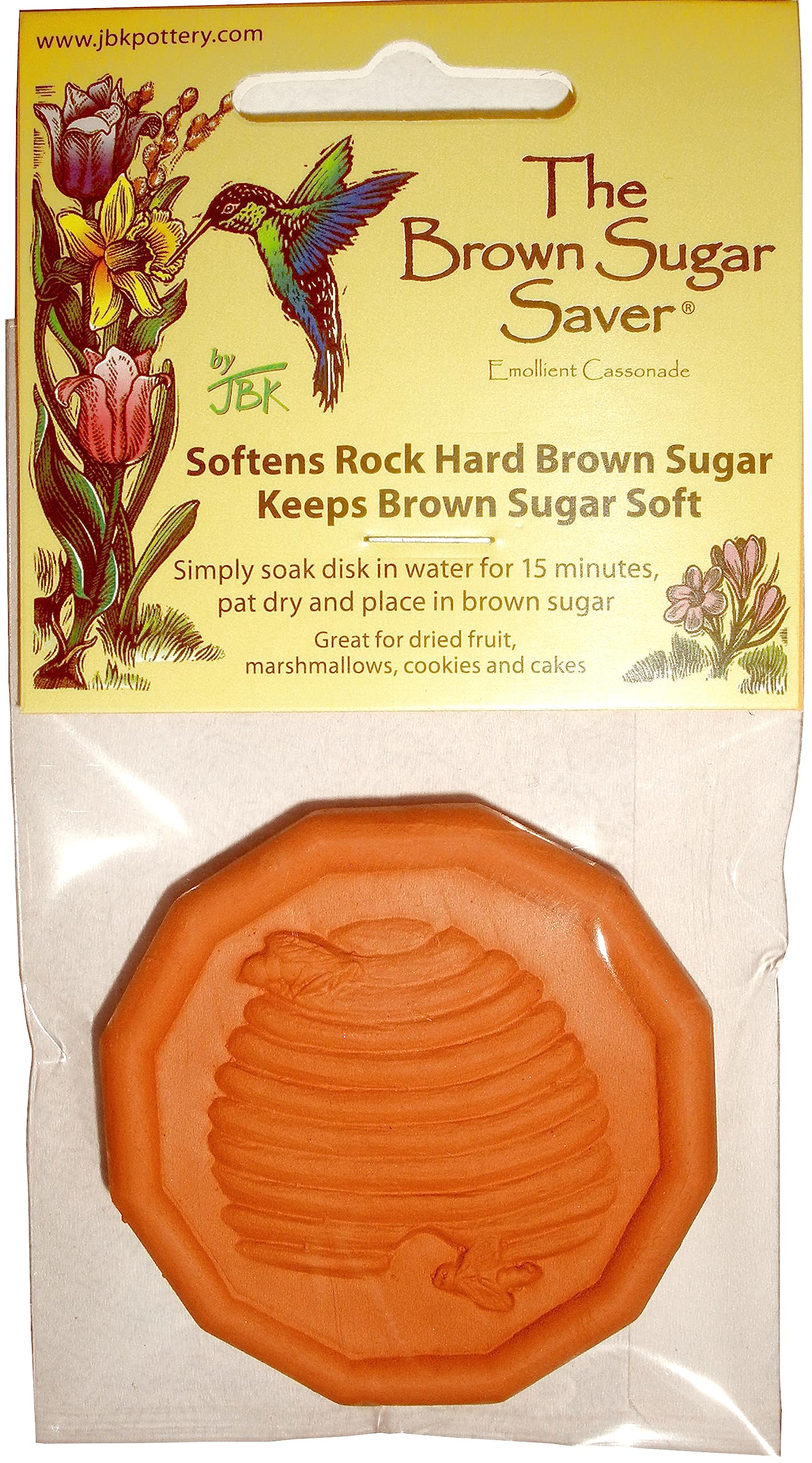 JBK Pottery Brown Sugar Saver - Terra Cotta Humidifying Stone Keeps Brown Sugar Soft - Natural Clay Moisture Absorber for Food & Spices - Honeycomb Design - Perfect for Baking, Coffee & Tea Storage
