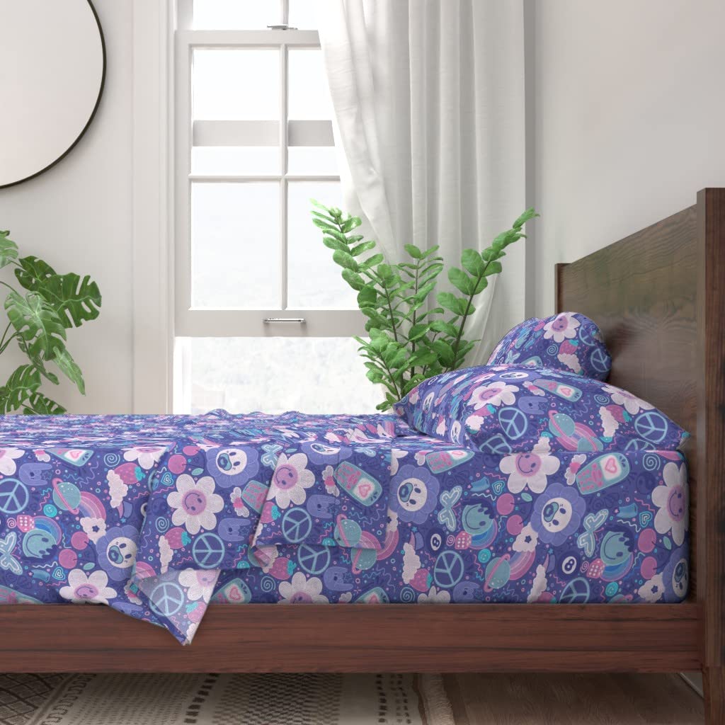 100% Cotton King Size 4-Piece Sheet Set - Vintage Floral Purple Pastel Print Custom Bedding | Soft Breathable Bed Sheets for Master Bedroom, Guest Room & Dorm | Notebook Doodles Pink Design
