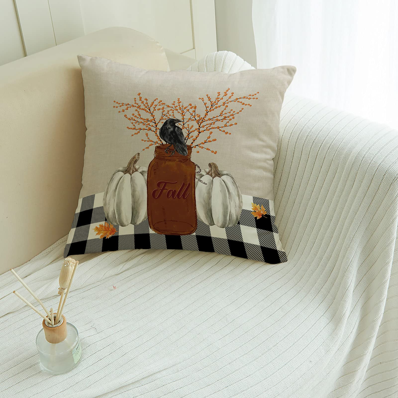 Thanksgiving Throw Pillow Covers 20x20 Inch - Decorative Cushion Covers for Couch, Bed, Sofa & Chair - Pumpkin, Raven, Orange Berries with Lattice Design - Perfect for Fall Home Decor, Thanksgiving Party & Cozy Living Room Accents