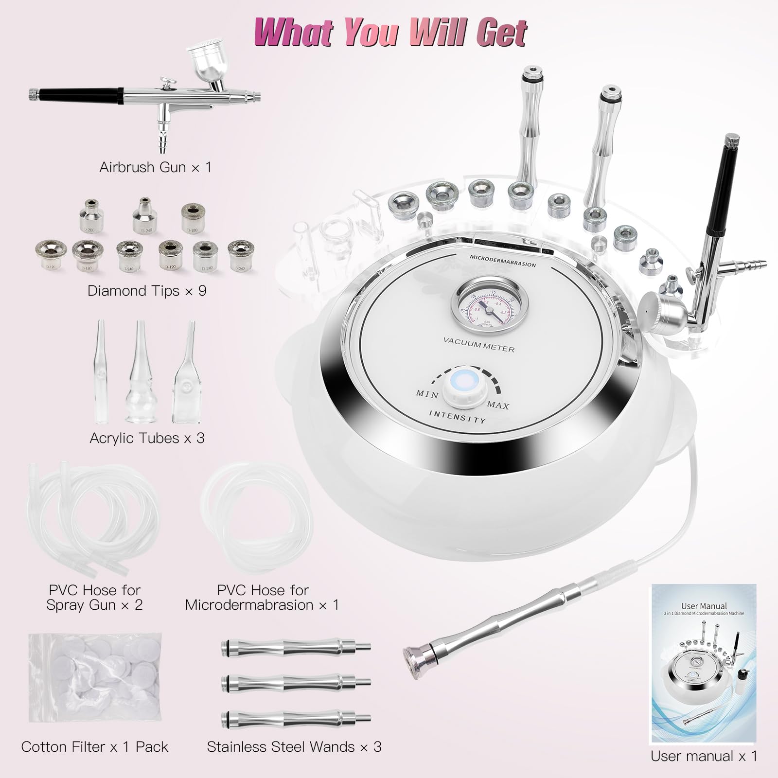 3 in 1 Diamond Microdermabrasion Machine - Professional Facial Skin Care Salon Equipment with Spray Gun & Strong 65-68cmHg Suction Power - Perfect for Acne Treatment, Blackhead Removal & Skin Rejuvenation at Home or Spa
