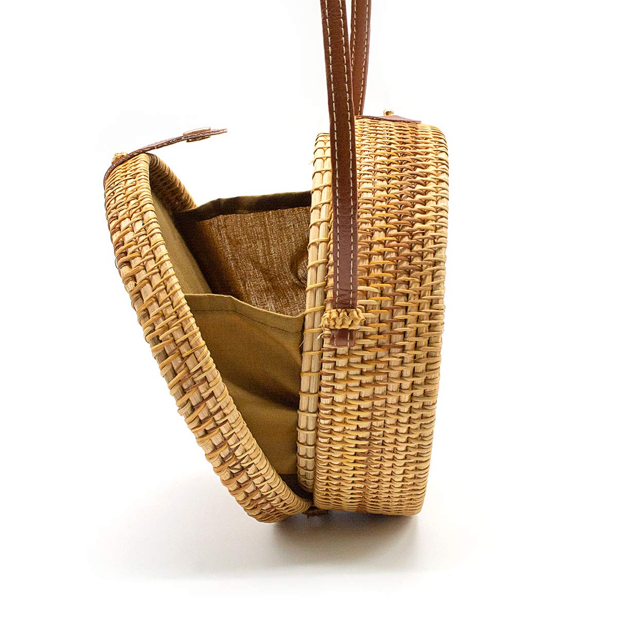 Handwoven Round Rattan Bag for Women - Beach Straw Crossbody Purse with Leather Strap - Perfect for Summer Outings, Vacations & Boho Fashion Accessories