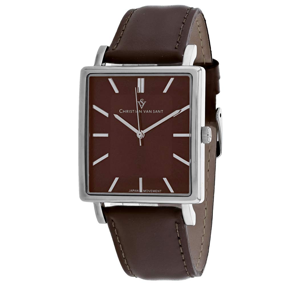 Christian Van Sant Men's Ace Stainless Steel Quartz Watch with Genuine Leather Strap - Brown Casual Dress Watch (Model CV0434) for Business, Office & Everyday Wear