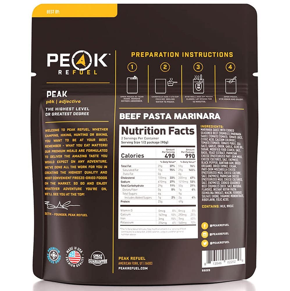 Peak Refuel Beef Pasta Marinara Freeze Dried Meal - High Protein 49g, 1040 Calories, 100% Real Meat - Lightweight Backpacking & Camping Food (2 Servings) - Perfect for Hiking, Emergency Preparedness & Survival Situations