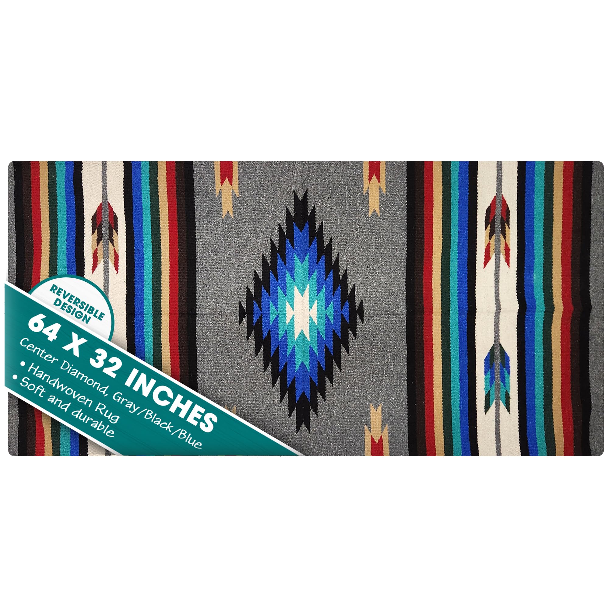 Southwest Area Rug - Machine Washable Bohemian Rug for Indoor & Outdoor Use - Farmhouse Western Decor Rug for Living Room, Dining Room, Bedroom - Diamond Pattern in Gray/Black/Blue - 32