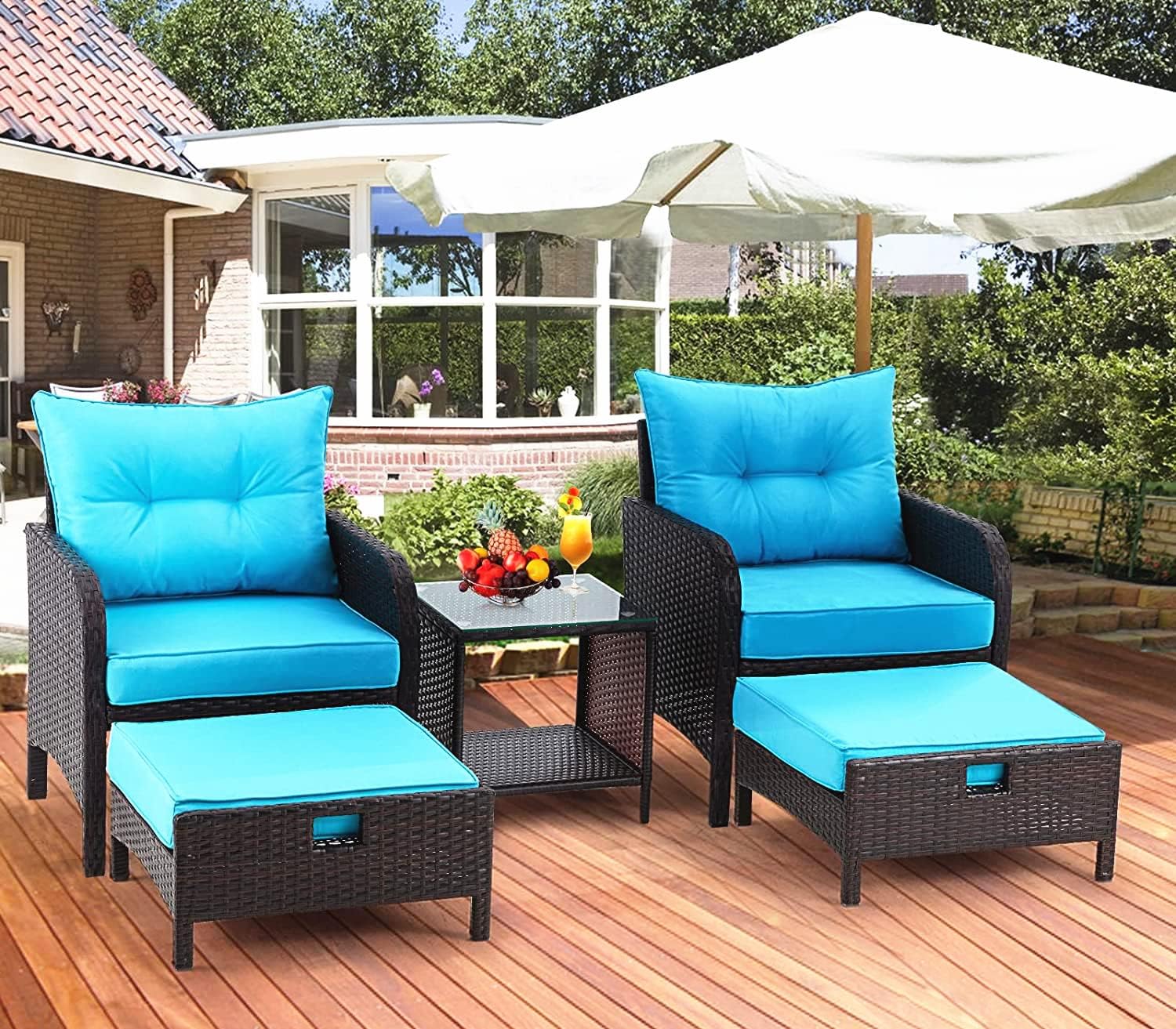 AVAWING 5-Piece Outdoor Patio Furniture Set - Rattan Wicker Chairs with Tempered Glass Coffee Table, Ottomans & Soft Cushions - Weather-Resistant Garden, Porch, Deck, Balcony Conversation Set (Blue) - Perfect for Backyard Relaxation, Poolside Lounging & Outdoor Entertaining