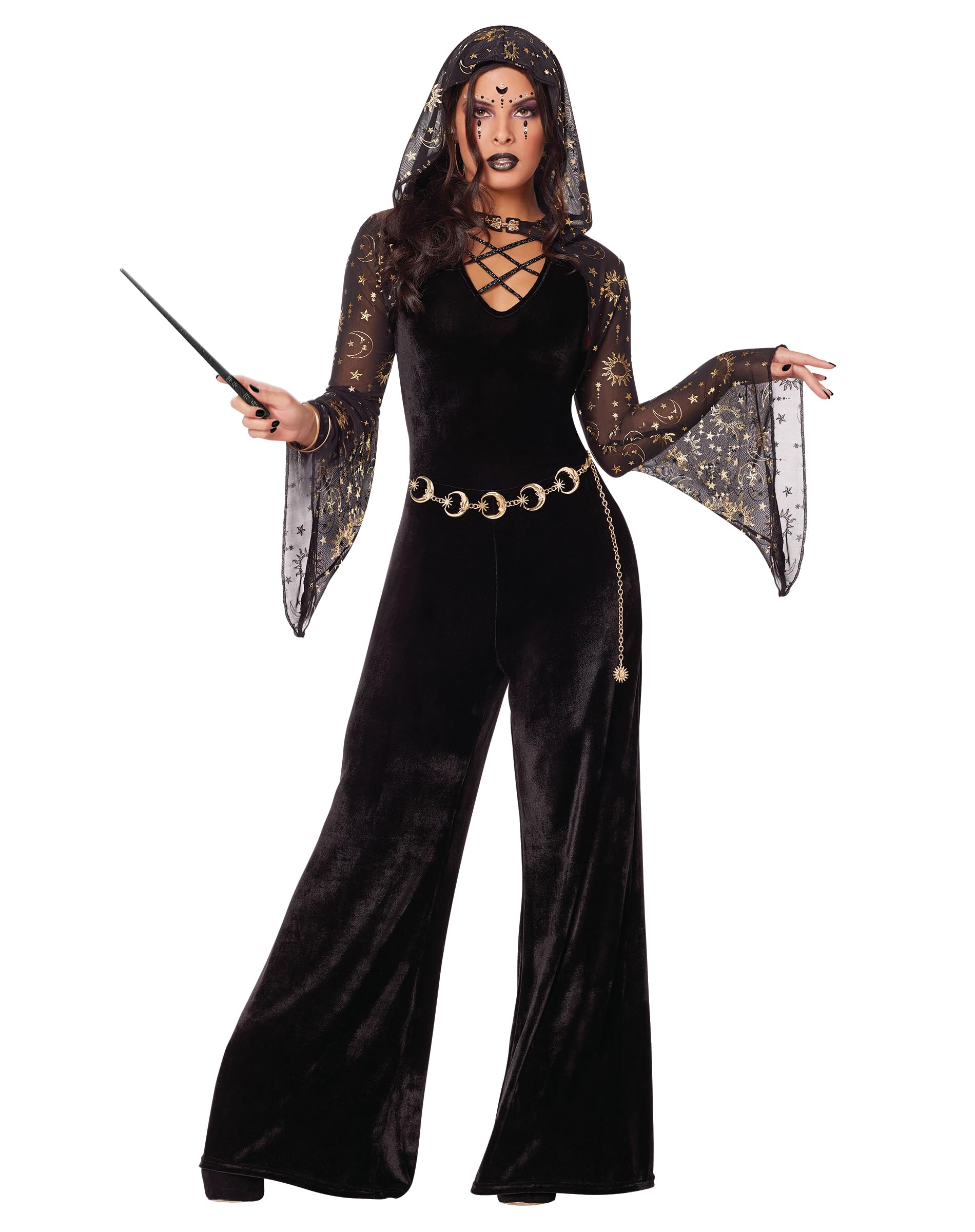 Witch Costume for Adults - Black Velour Jumpsuit with Bell Sleeves | Halloween Party Outfit
